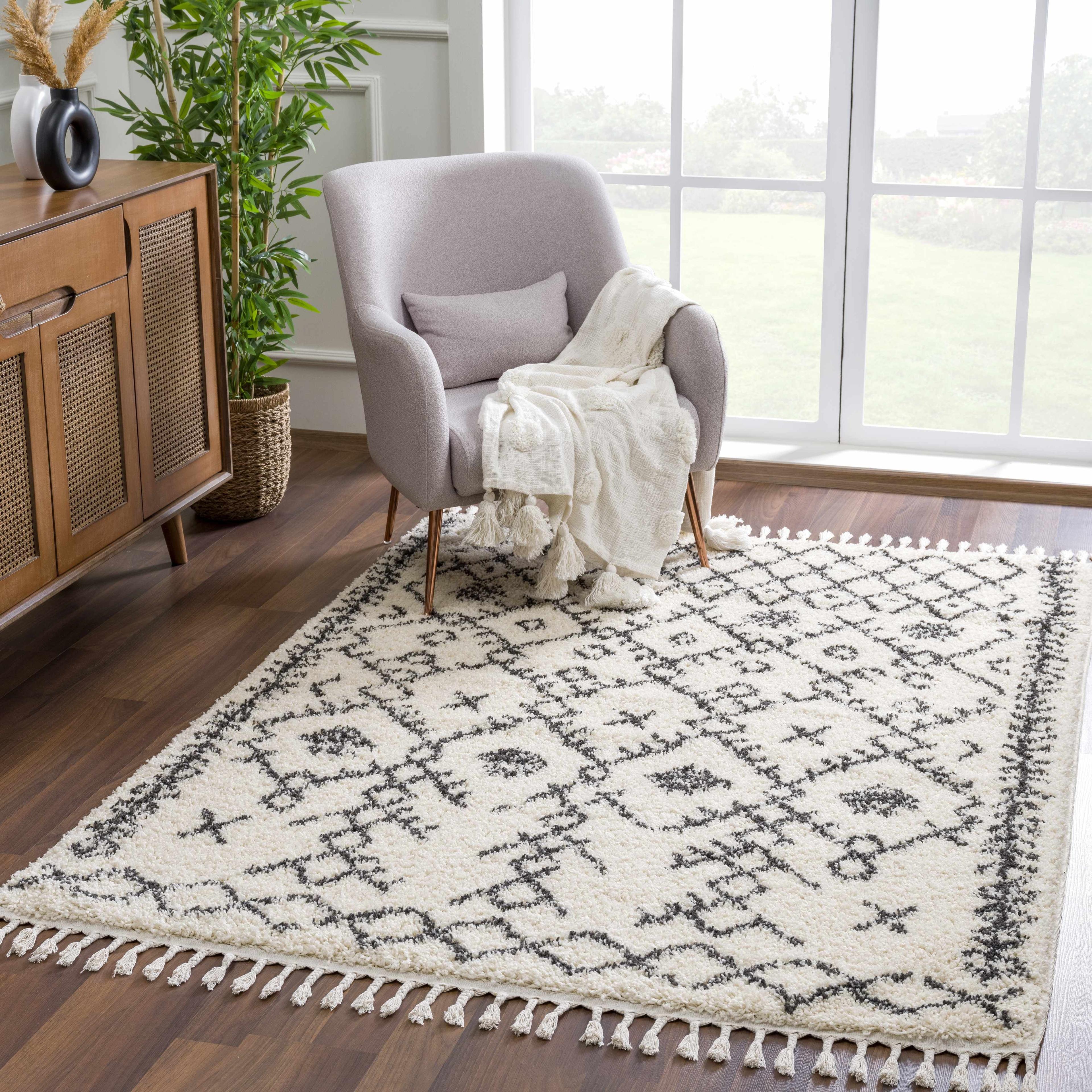 BoutiqueRugs Godalming Boho Moroccan Geometric Shag Area Rug - High Pile Super Soft Rug with Tassels for Living Room, Bedroom, Dining Room - Charcoal, Cream - 7'10" x 10' (8x10 Area Rug)