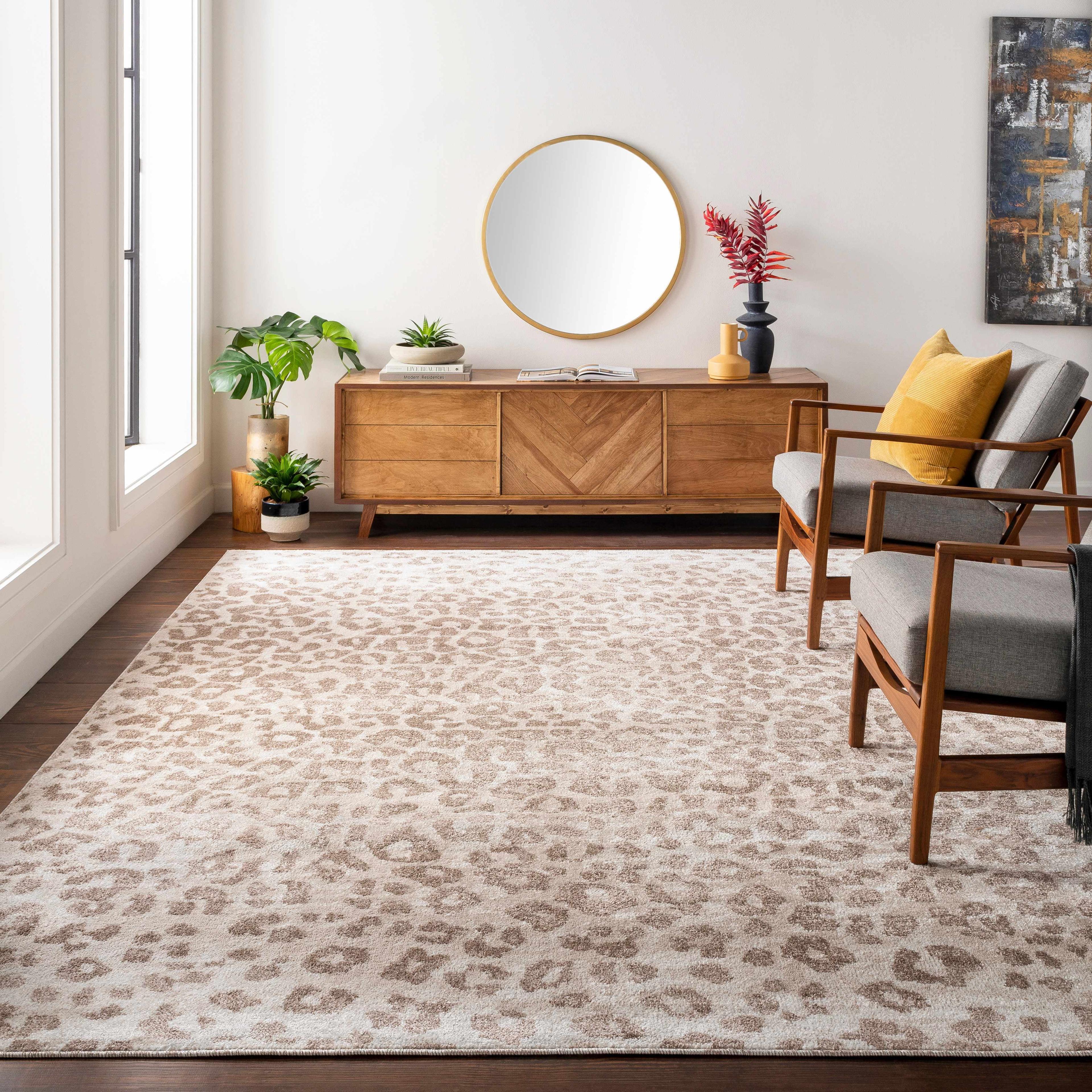 Gray and Beige Leopard Print Rectangular Area Rug