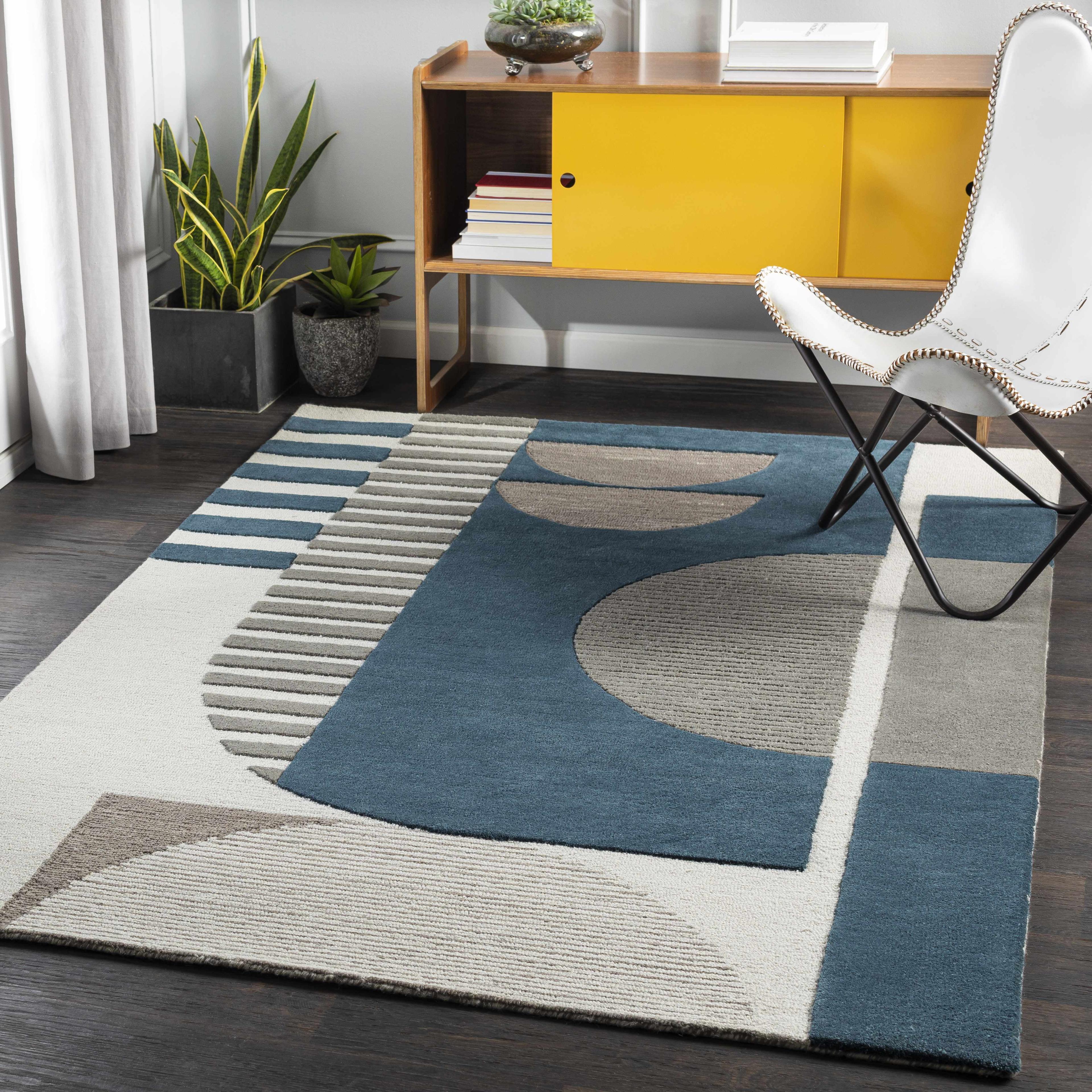 Hauteloom Bridgewater Wool Living Room, Bedroom Area Rug - Modern Geometric - Green, Gray, Beige - 5' x 7'6"