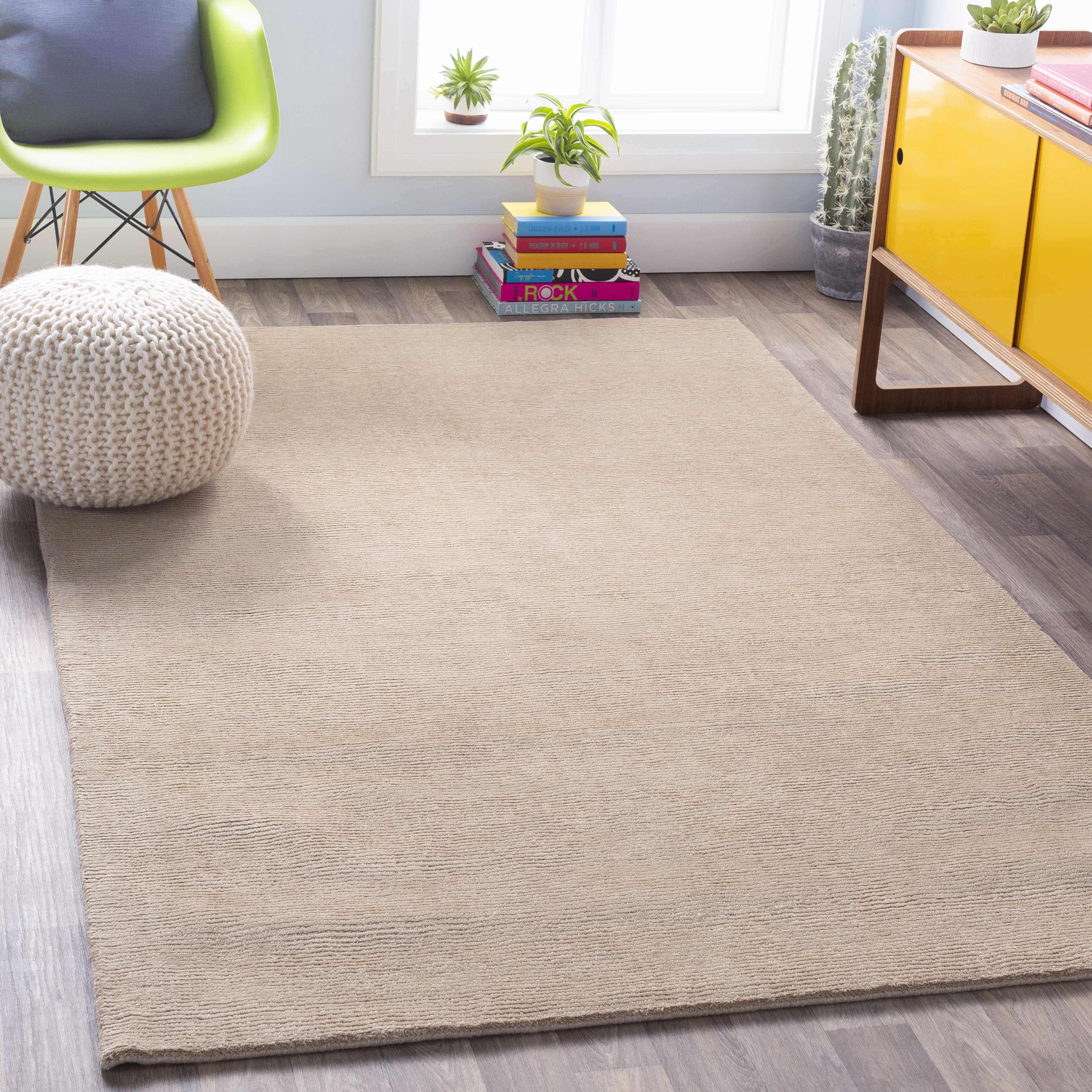 Tan High Pile Hand Loomed Wool Area Rug 5' x 8'