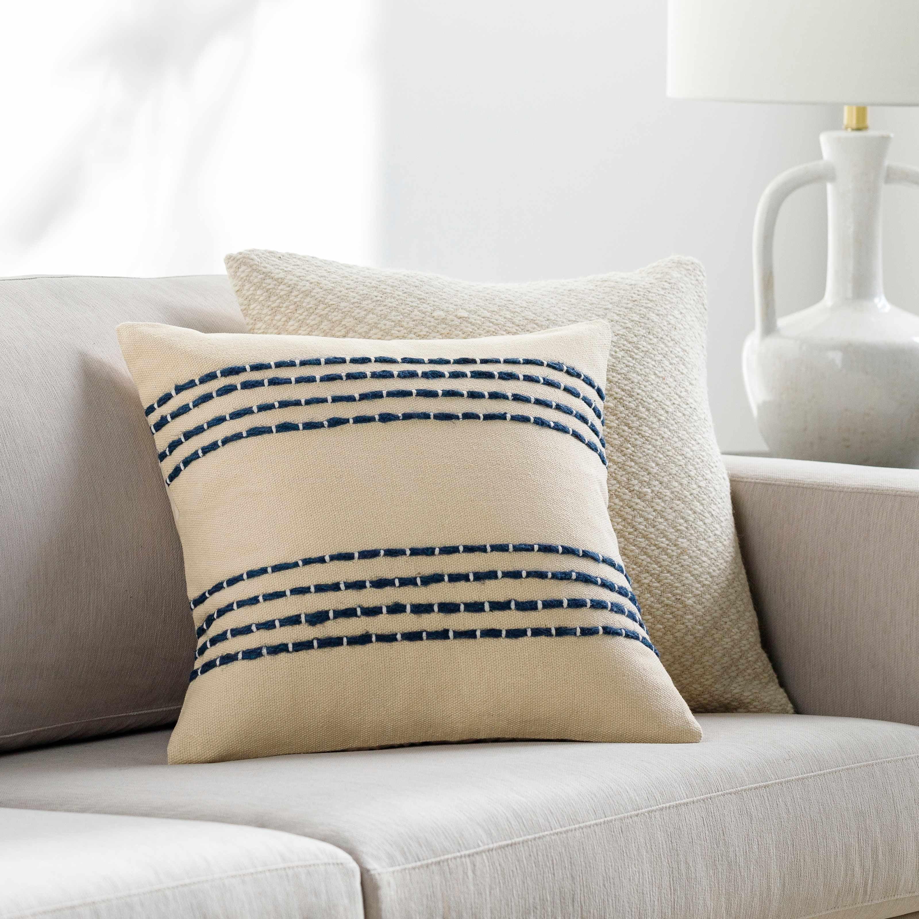 Beige and Navy Striped Cotton Square Pillow with Down Insert