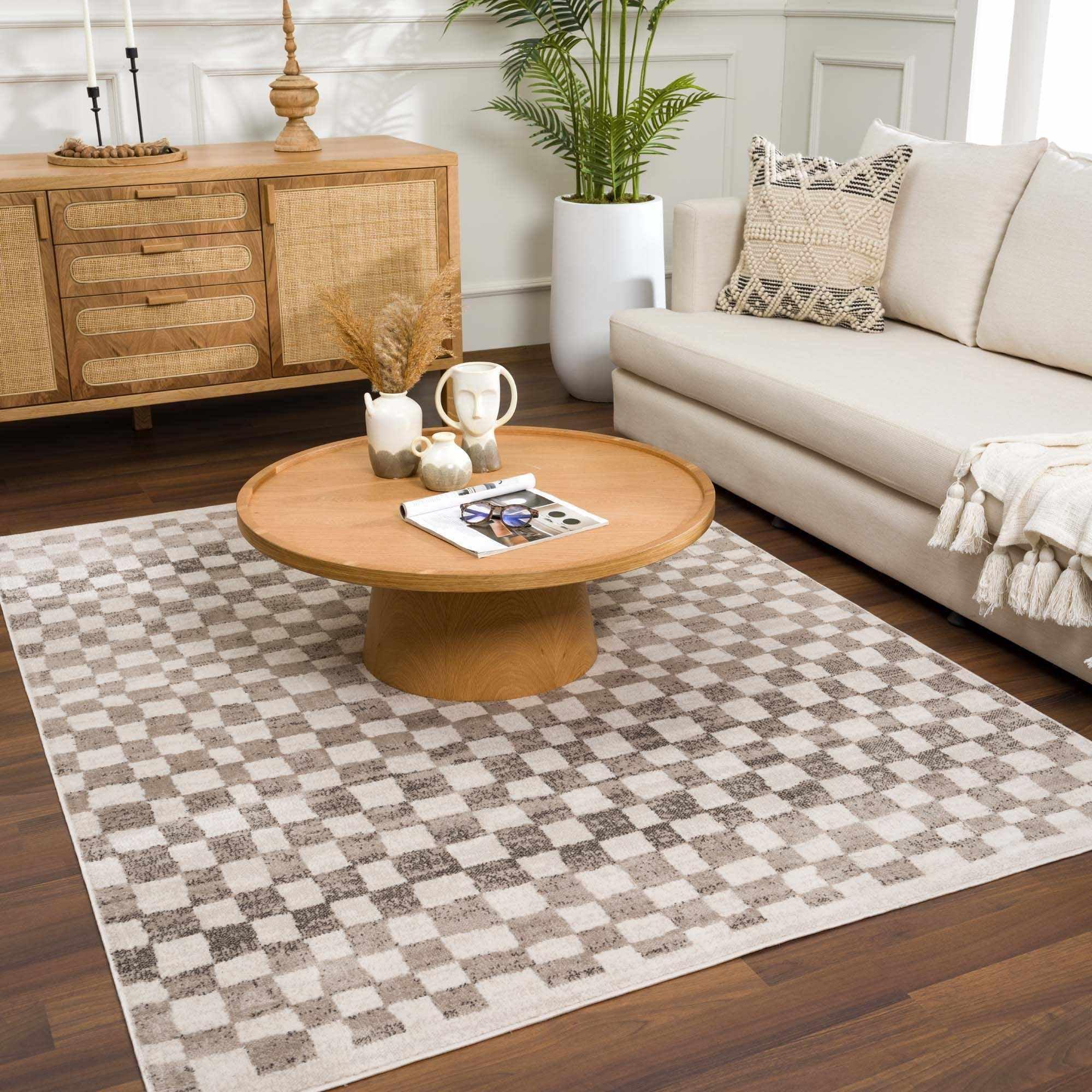 Hauteloom Pertek Checkered Tile Living Room Bedroom Dining Room Area Rug - Bohemian Boho Carpet - Square Tile Farmhouse - Brown, Beige, Cream - 7'10" x 10'