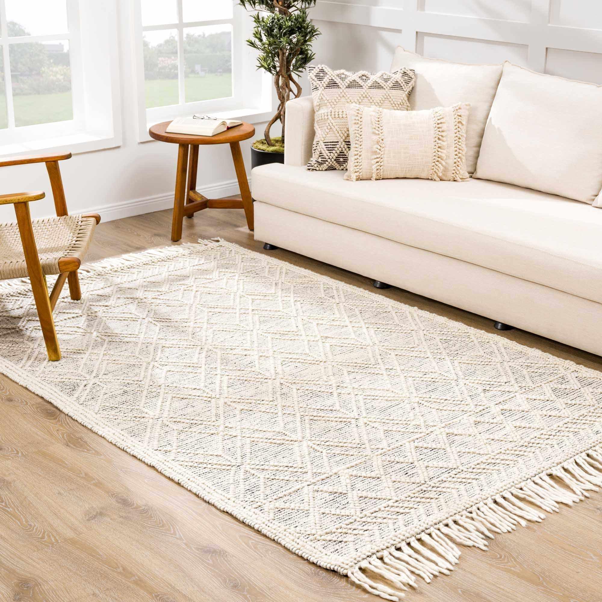 Ivory and Black Handwoven Wool and Cotton 3' x 5' Rug