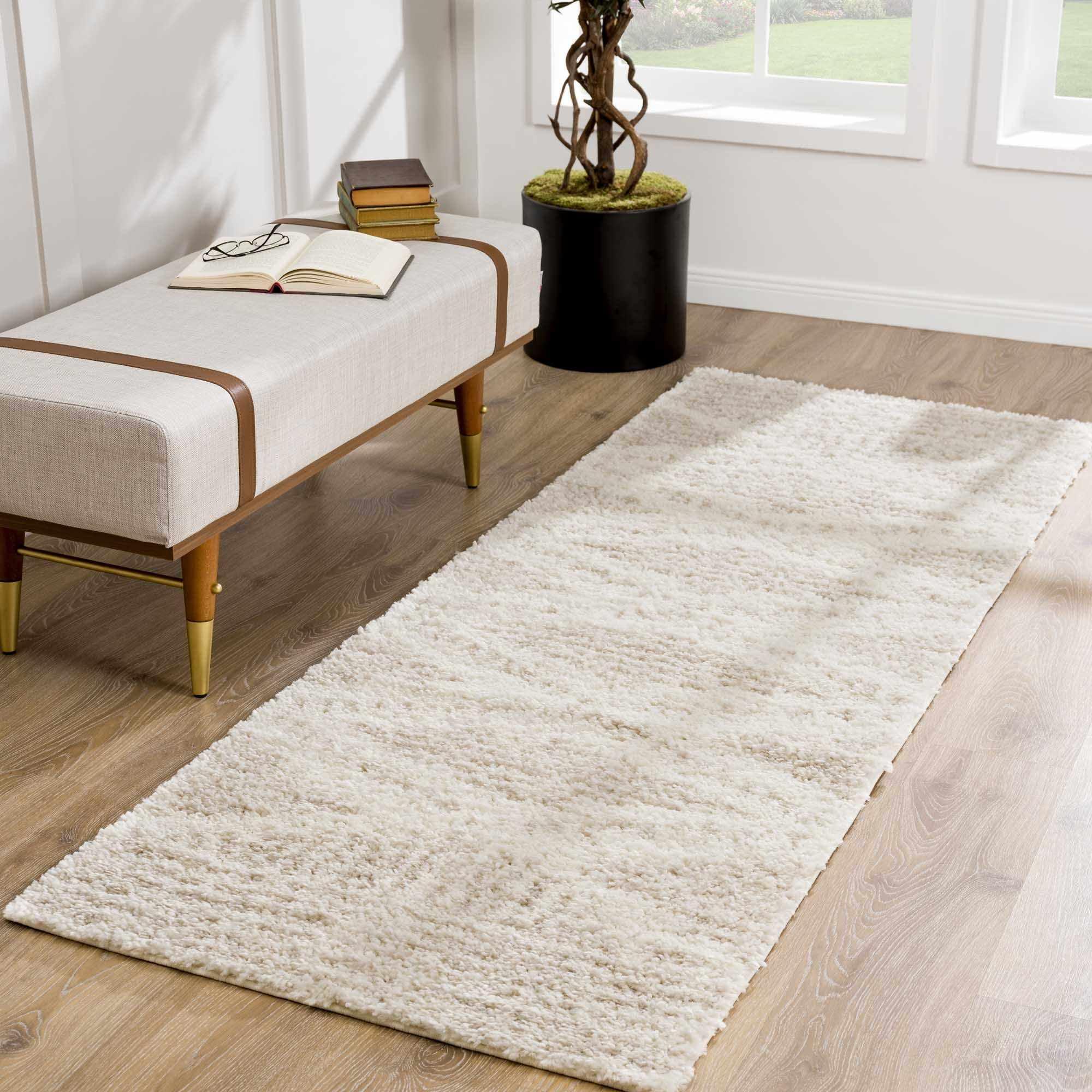 Light Beige and Cream Shaggy Runner Rug 2'7" x 7'3"