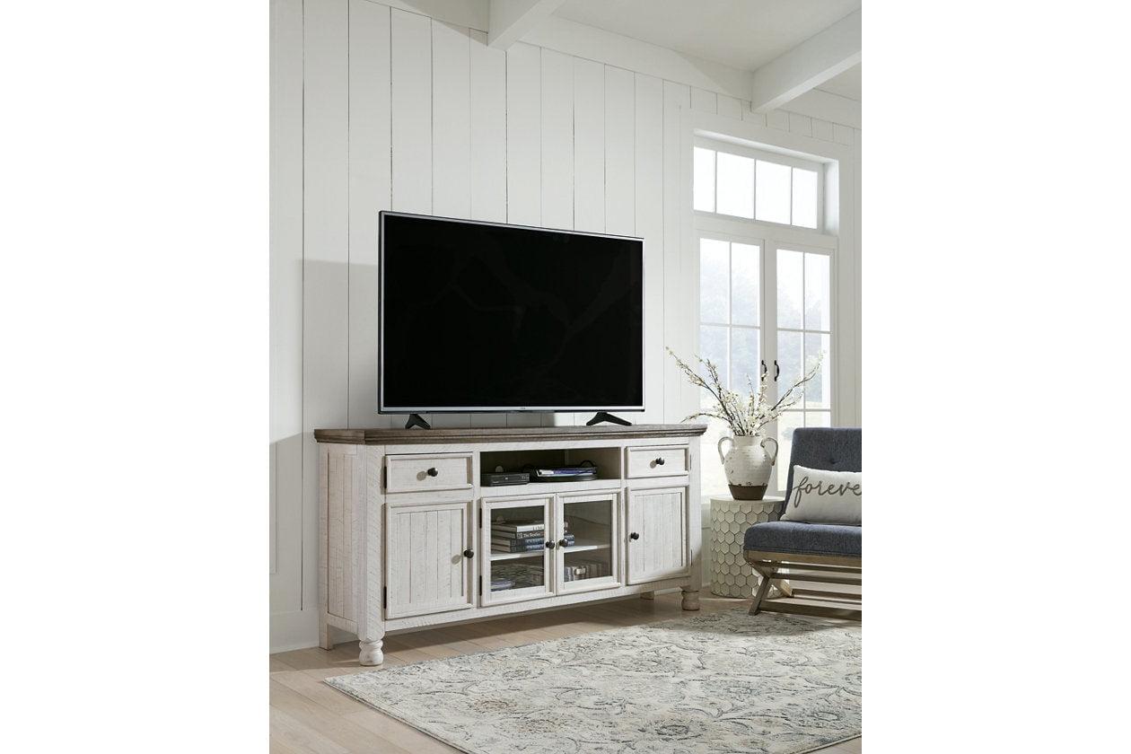 Transitional Two-Tone White and Weathered Gray 74'' Media Console with Cabinet