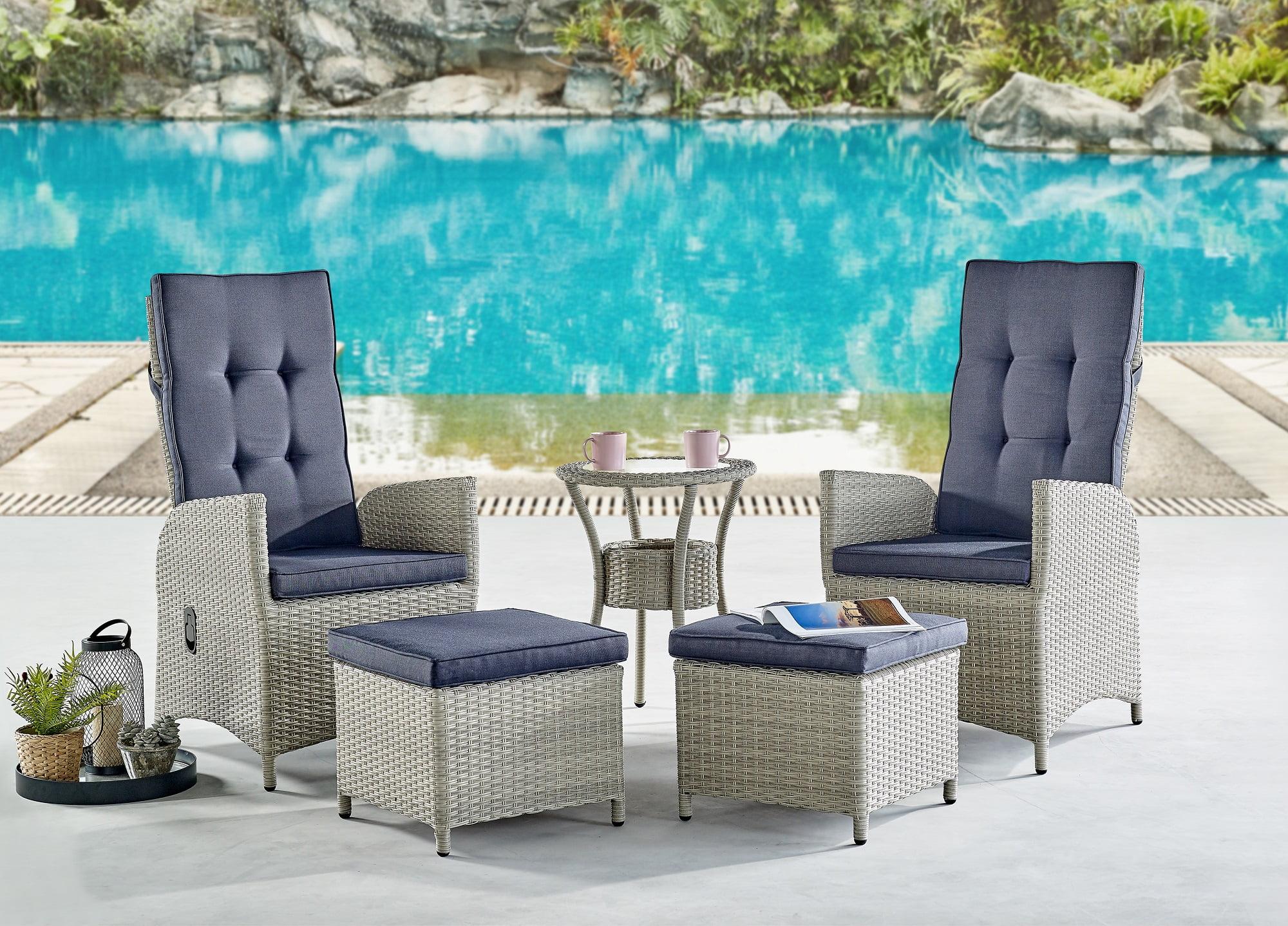 Haven 5-Piece Gray Wicker Recliner Set with Blue Cushions