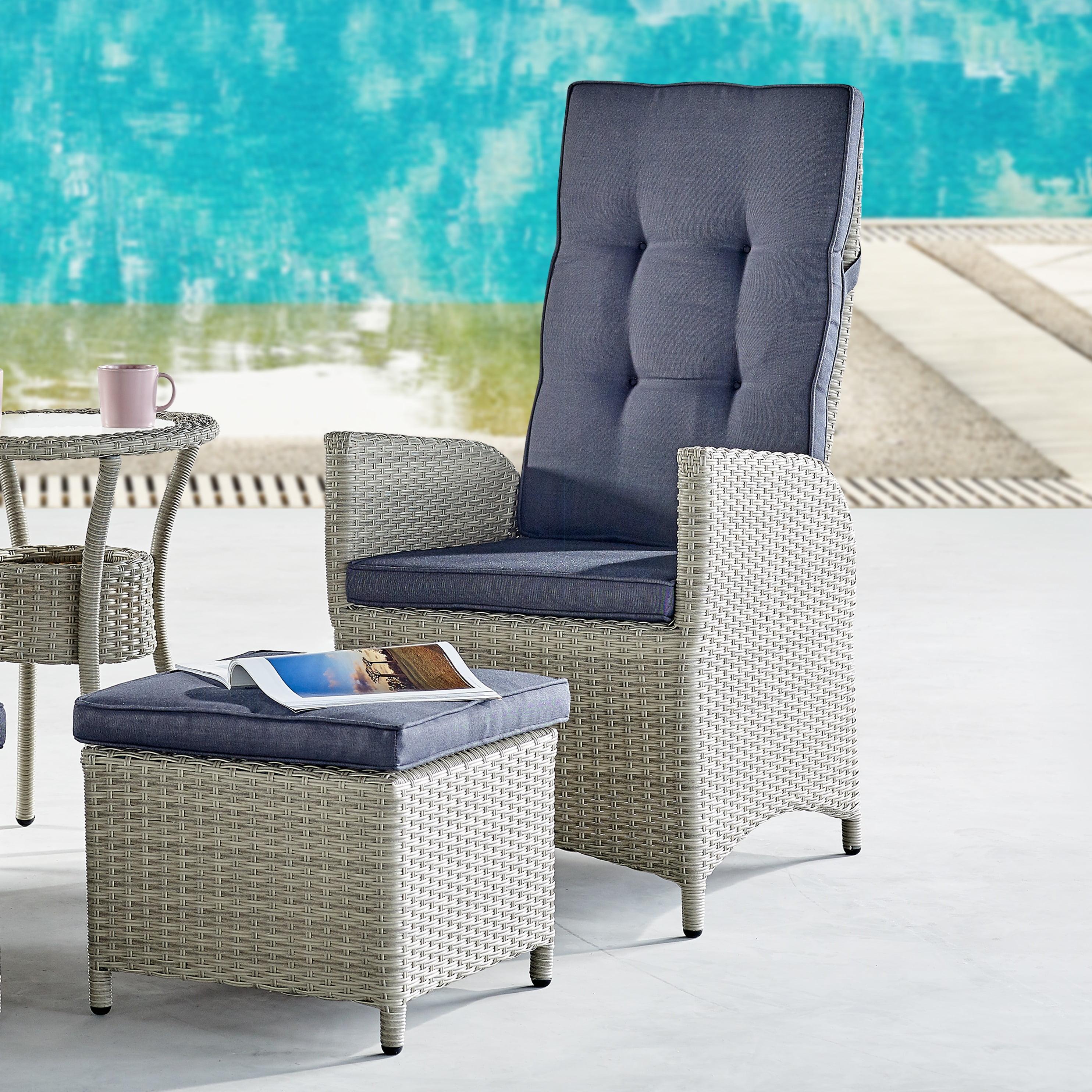 Haven Gray Wicker Outdoor Recliners with Blue Cushions