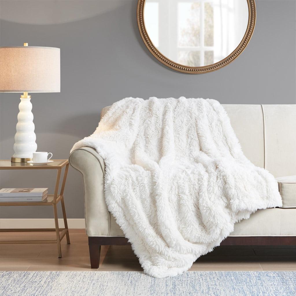 Ivory Faux Fur and Velvet Reversible Throw Blanket 50x60"