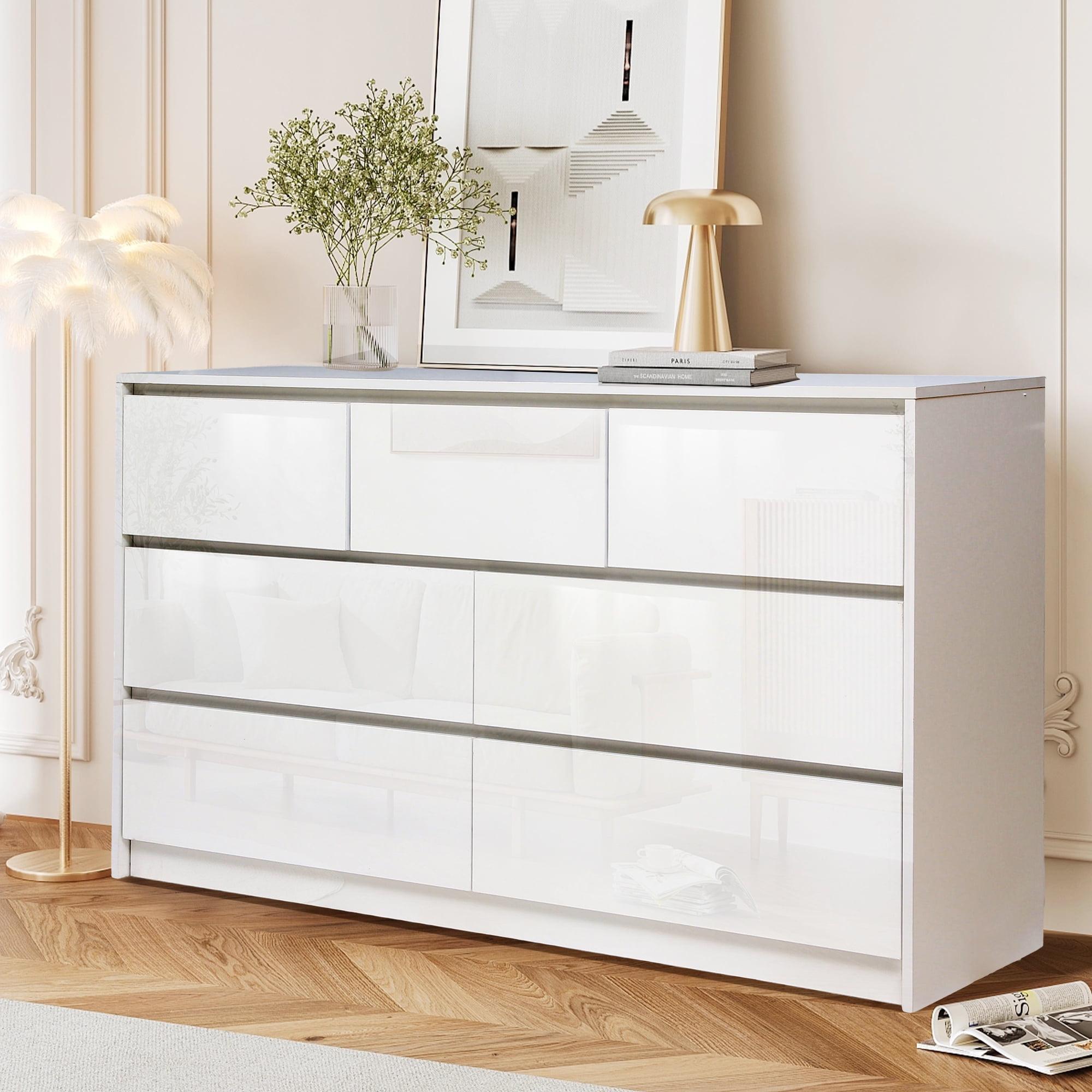 Ebern Designs White Dresser for Bedroom with 7 Drawers, Modern High Gloss Large Dresser with 7 Handle Free Drawers, 55 Inch Wooden Long Dresser, Storage Chest of Drawers
