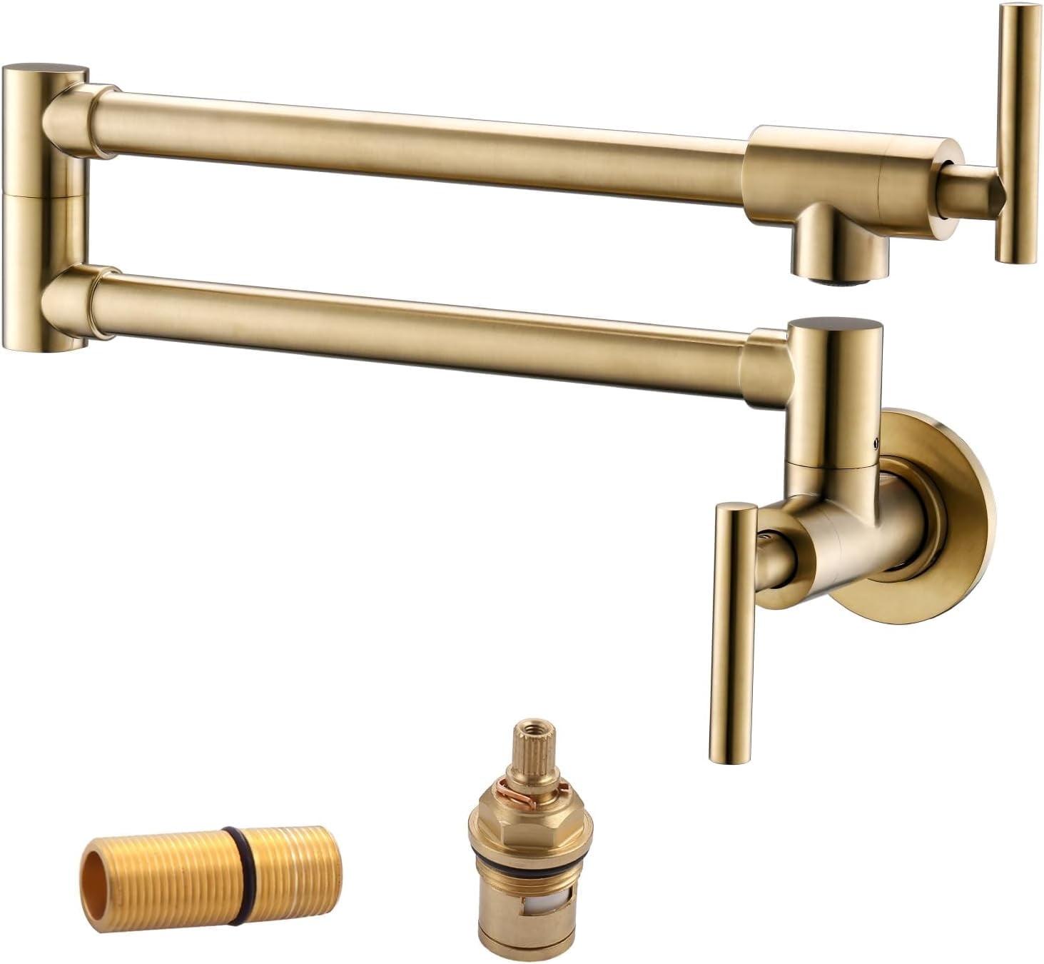 Havin Pot Filler Faucet Wall Mount,with Double Joint Swing Arms,Single Hole, 2 Handles with 2 cartridges to Control Water (Style A Brushed Gold)