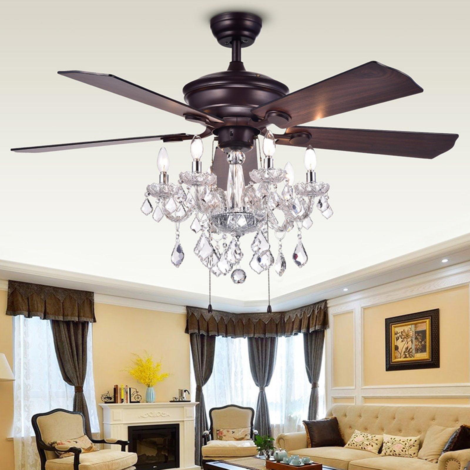 Elegant Antique Bronze 52" Ceiling Fan with Crystal Chandelier and Remote