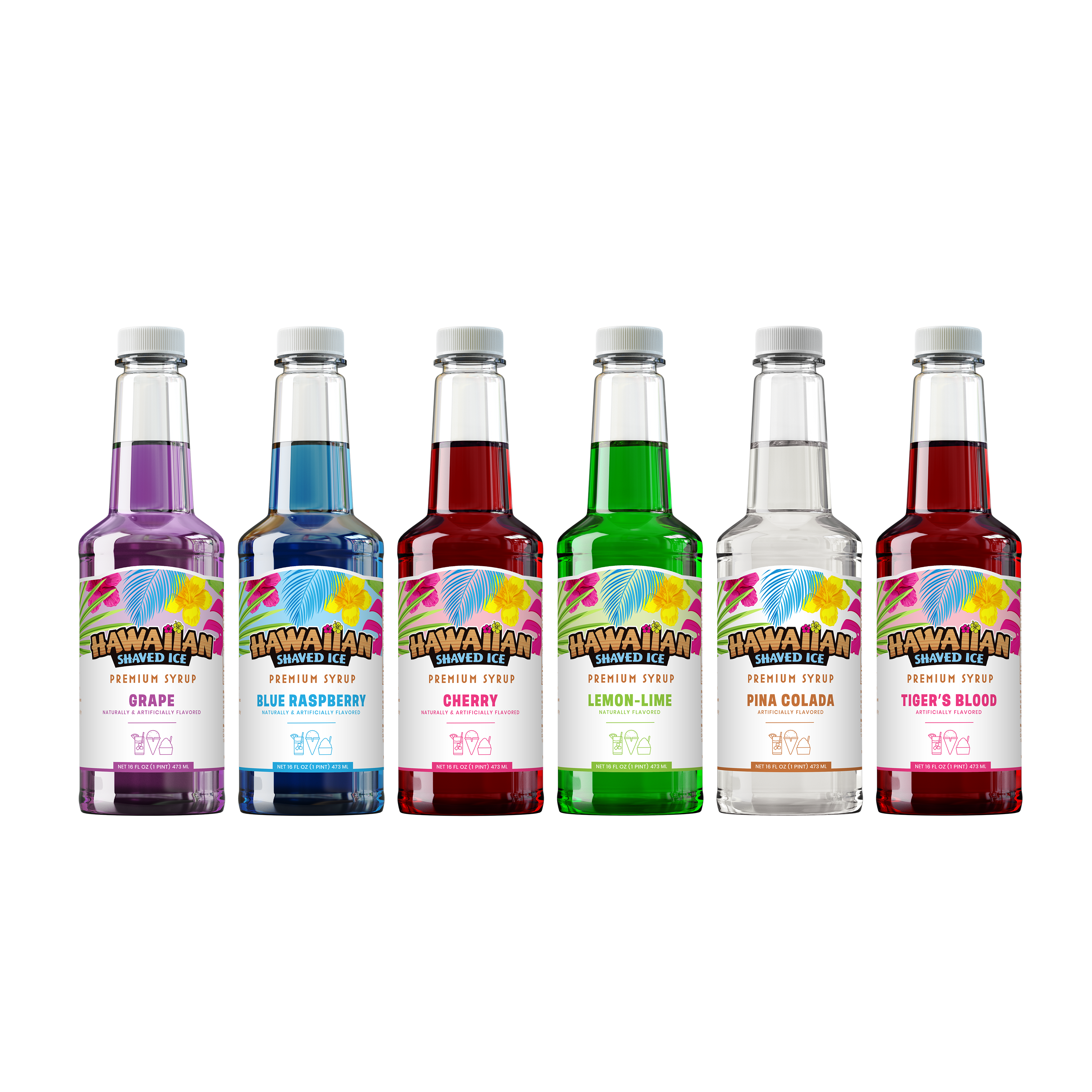 Hawaiian Shaved Ice Snow Cone Syrup  - The Summertime Pack - 6 Pack (16 fl oz each)