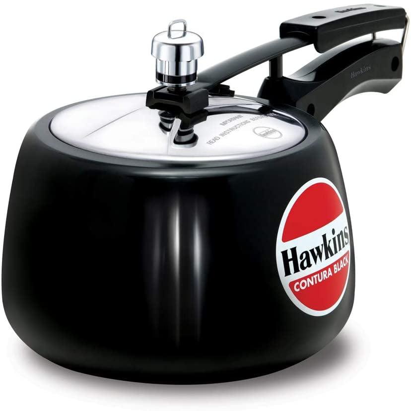 Hawkins 3L Hard Anodized Pressure Cooker: Aluminum, Locking Lid, Cool Touch Handle, Hand Wash, Black