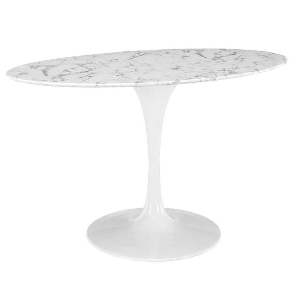 54" White Oval Faux Marble Top Dining Table with Tapered Base