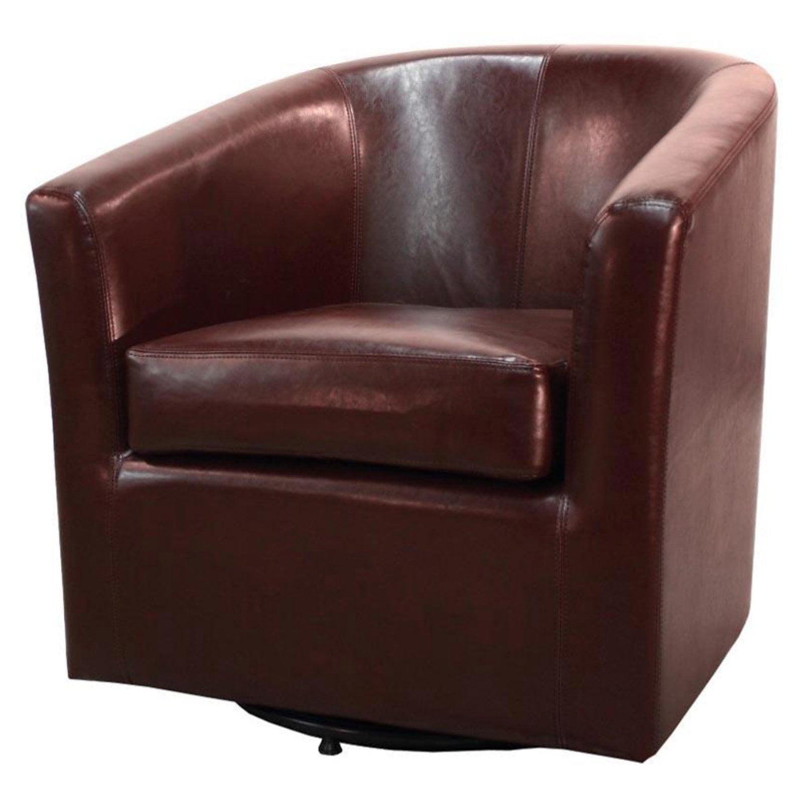 Saddle Brown Handcrafted Leather Swivel Barrel Accent Chair