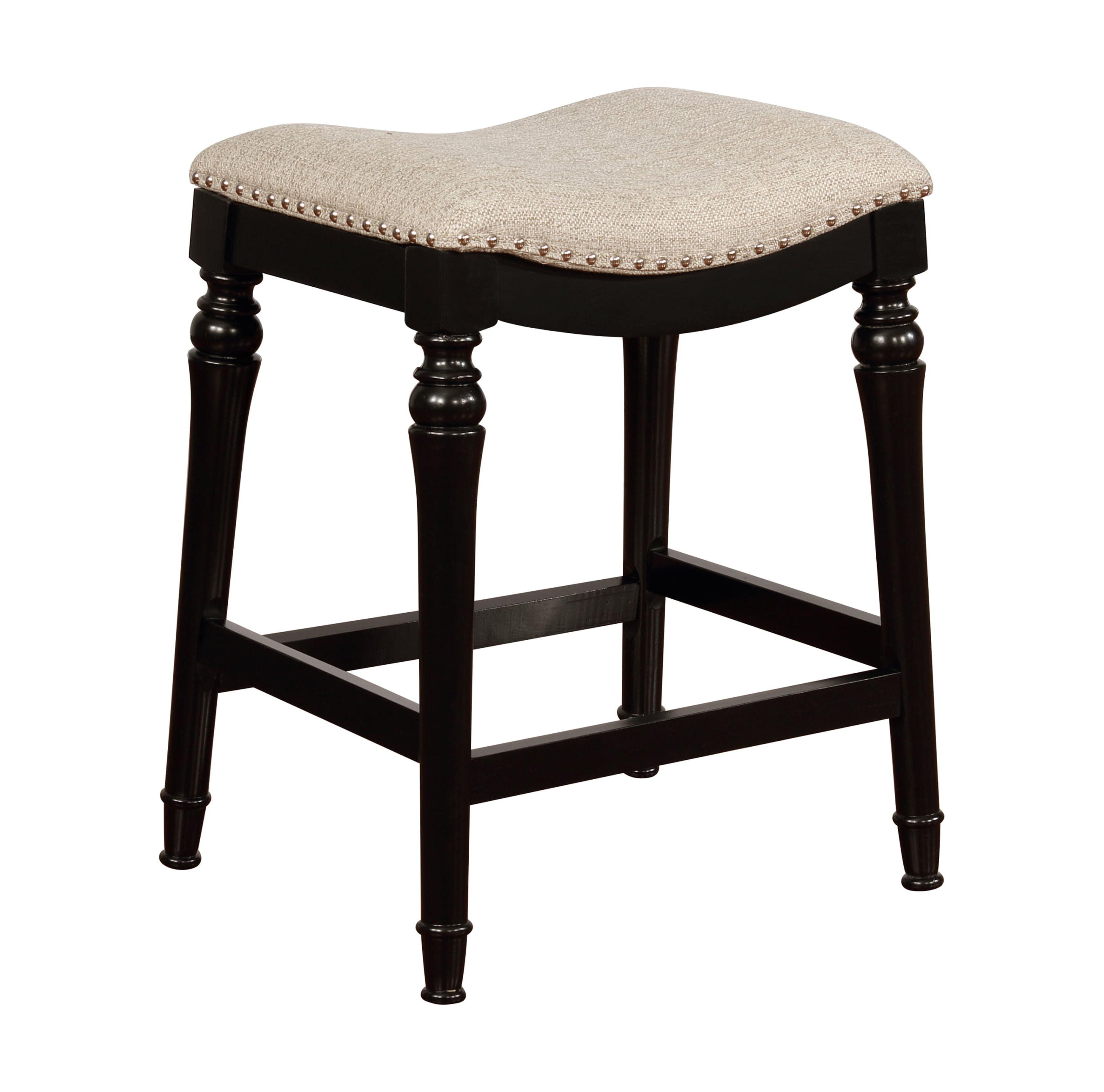 Hayes 27" Black Rubberwood Saddle Counter Stool with Greige Linen Seat