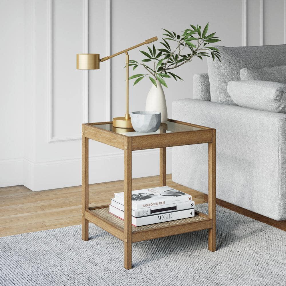 Hayes Light Brown Solid Wood and Glass Side Table with Rattan Shelf