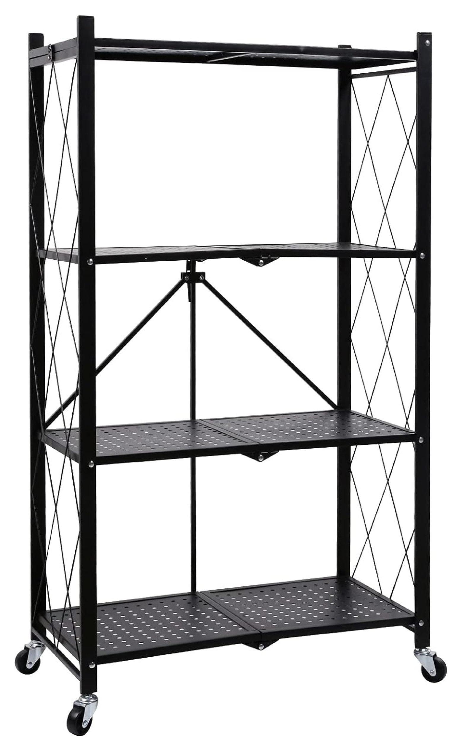 HeSLehs 4-Tier Heavy Duty Foldable Metal Rack Storage Shelving Unit with Wheels Moving Easily Organizer Shelves Great for Garage Kitchen, Black