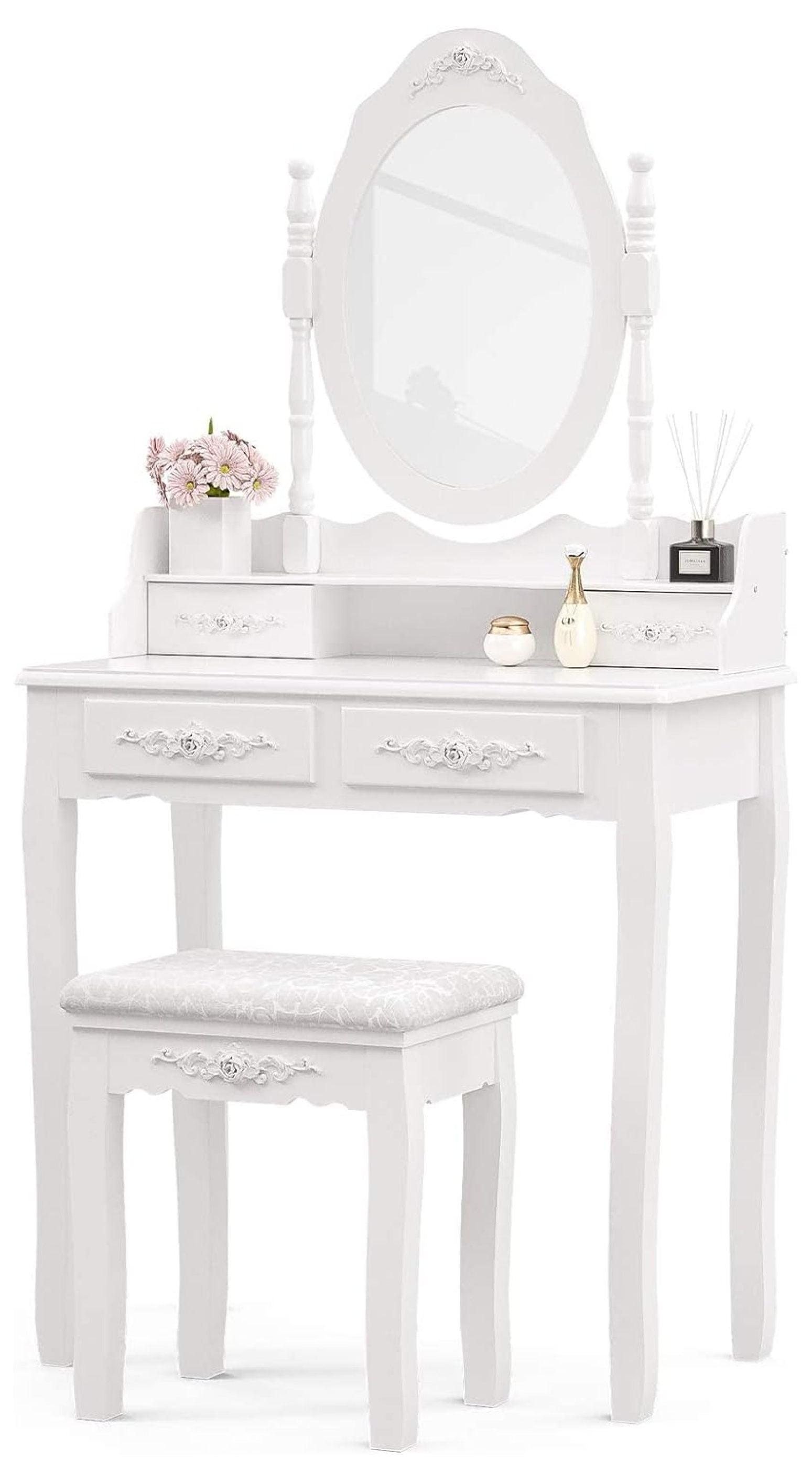 Vanity Table Set with 4 Drawer, Makeup Dressing Table w/Cushioned Stool, Girls Women Bedroom Furniture Set Oval Mirror