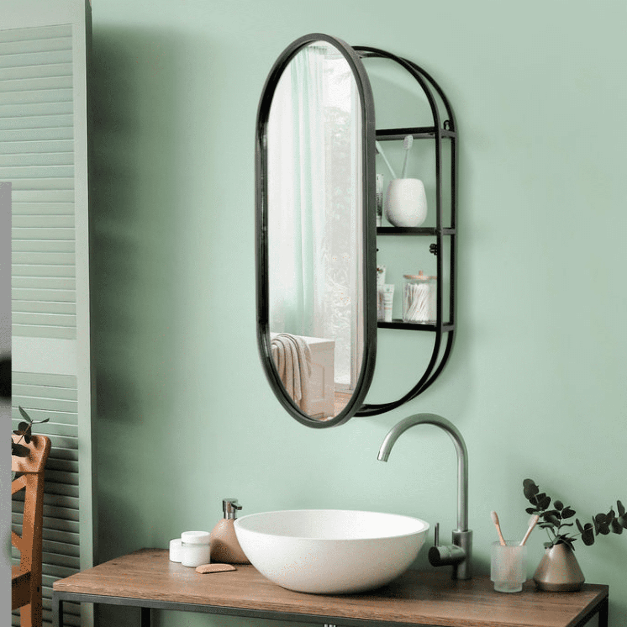 Black Metal Oval Vanity Mirror with Storage Shelves - 15" x 30"