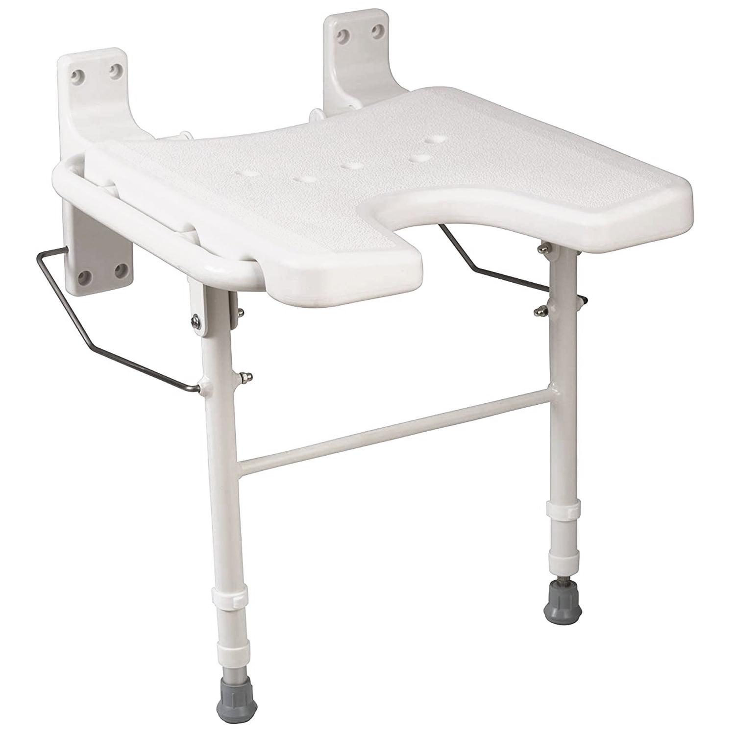 White Fold-Away Wall-Mount Shower Seat with Adjustable Legs