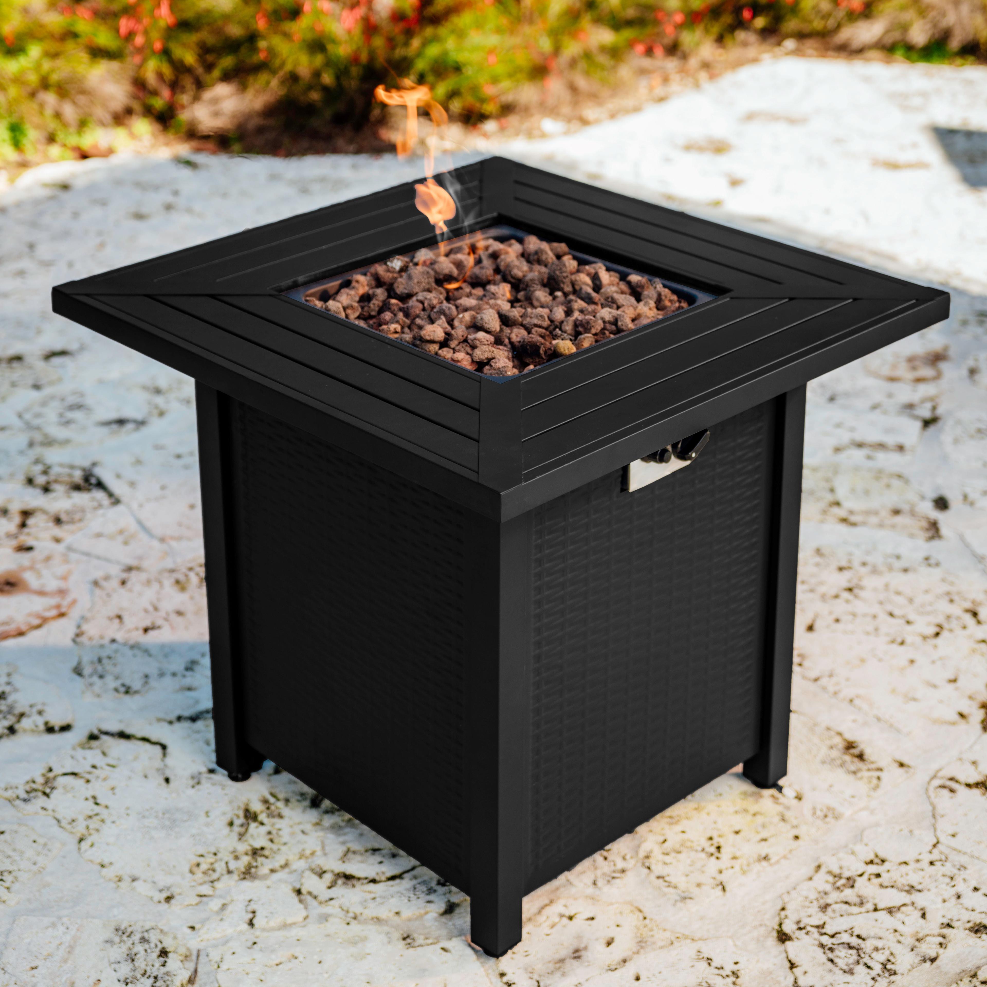 Black 28'' Galvanized Steel and Polyrattan Propane Fire Pit Table