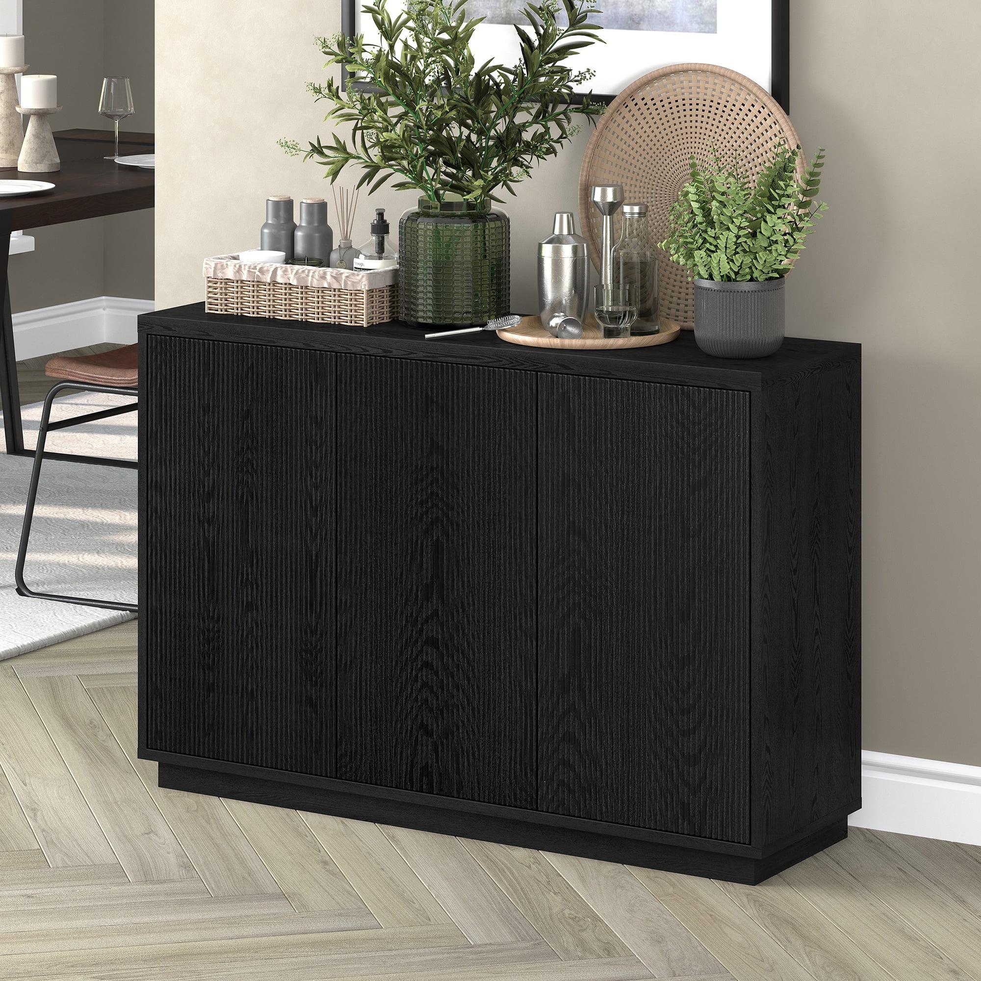 Black Grain MDF Modern Buffet Sideboard with Adjustable Shelves