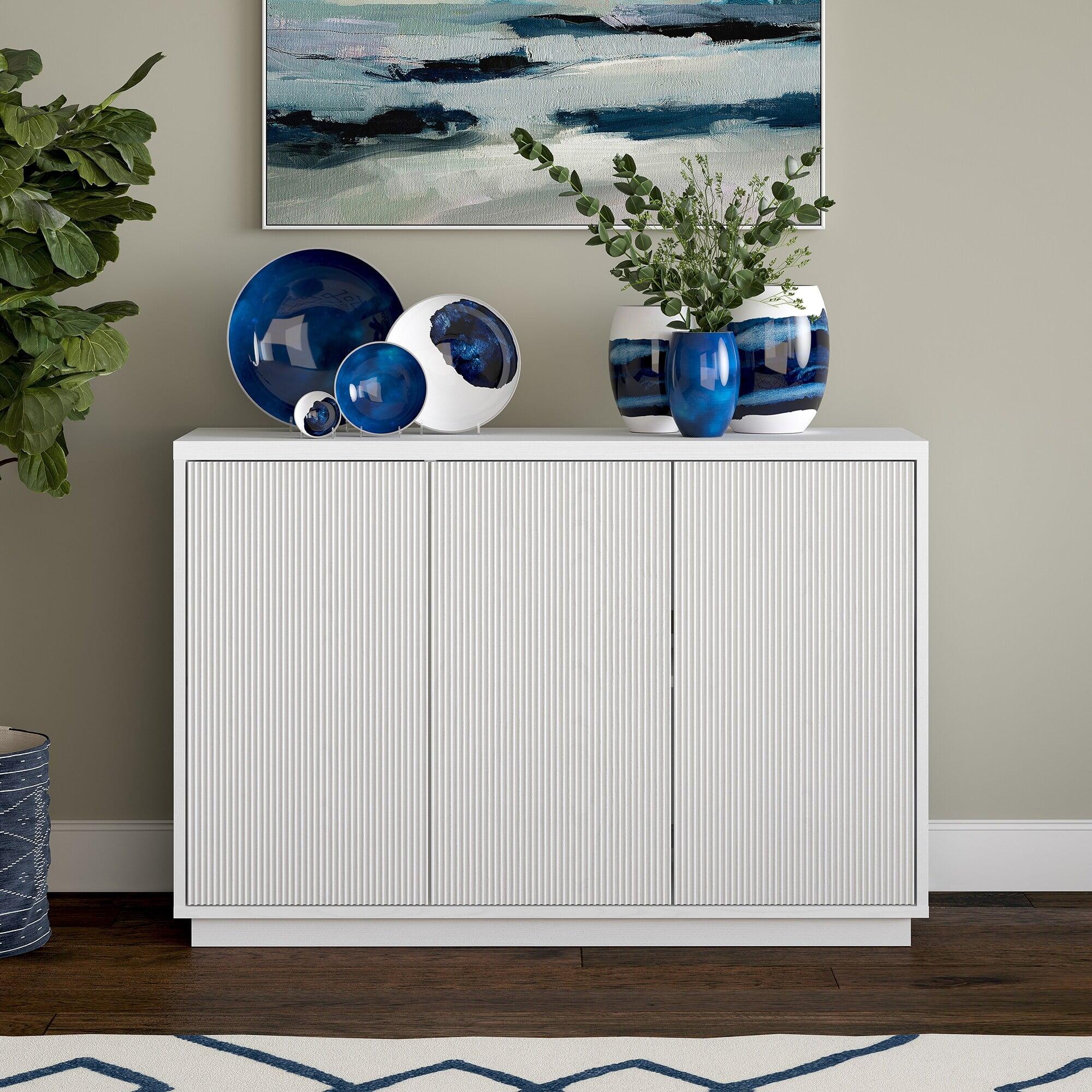 White MDF 47.5" Ridged Buffet Sideboard with Plinth Base