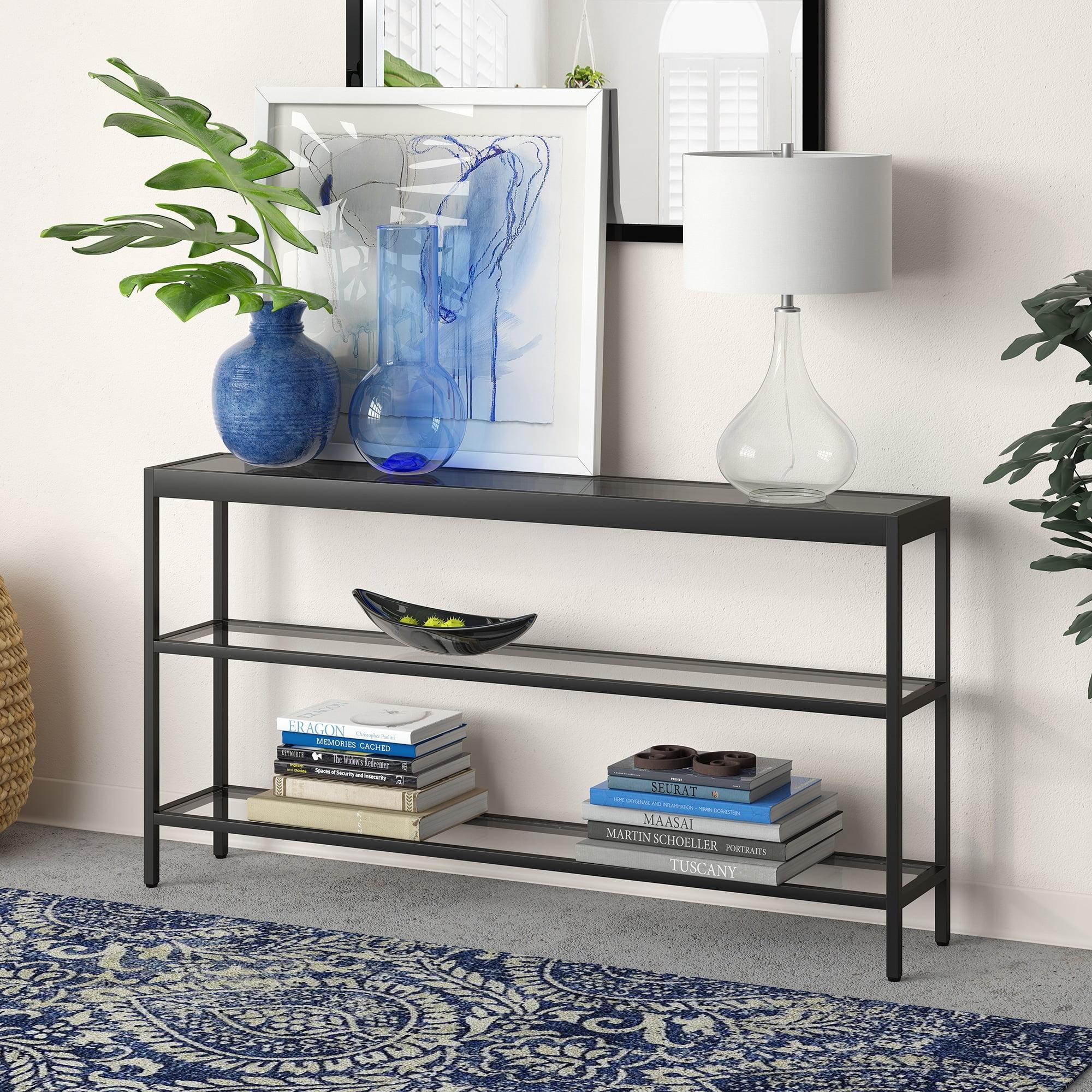 Modern Blackened Bronze and Glass Console Table with Dual Shelves