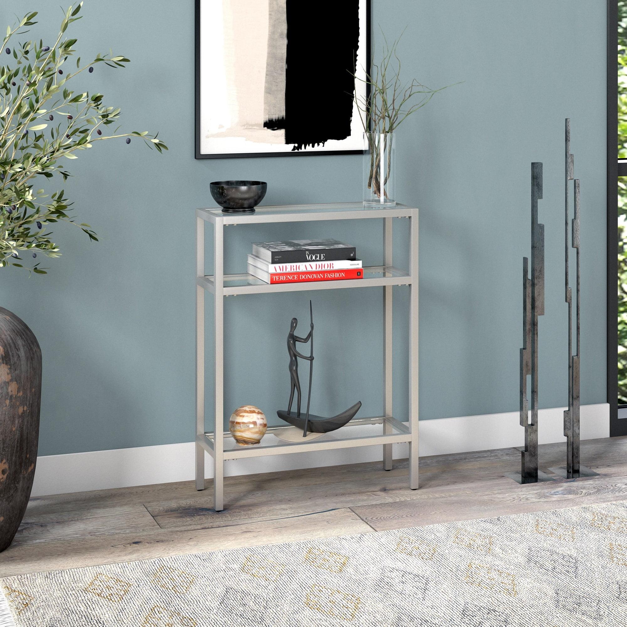 Elegant Satin Nickel 22" Metal & Glass Console Table with Shelf