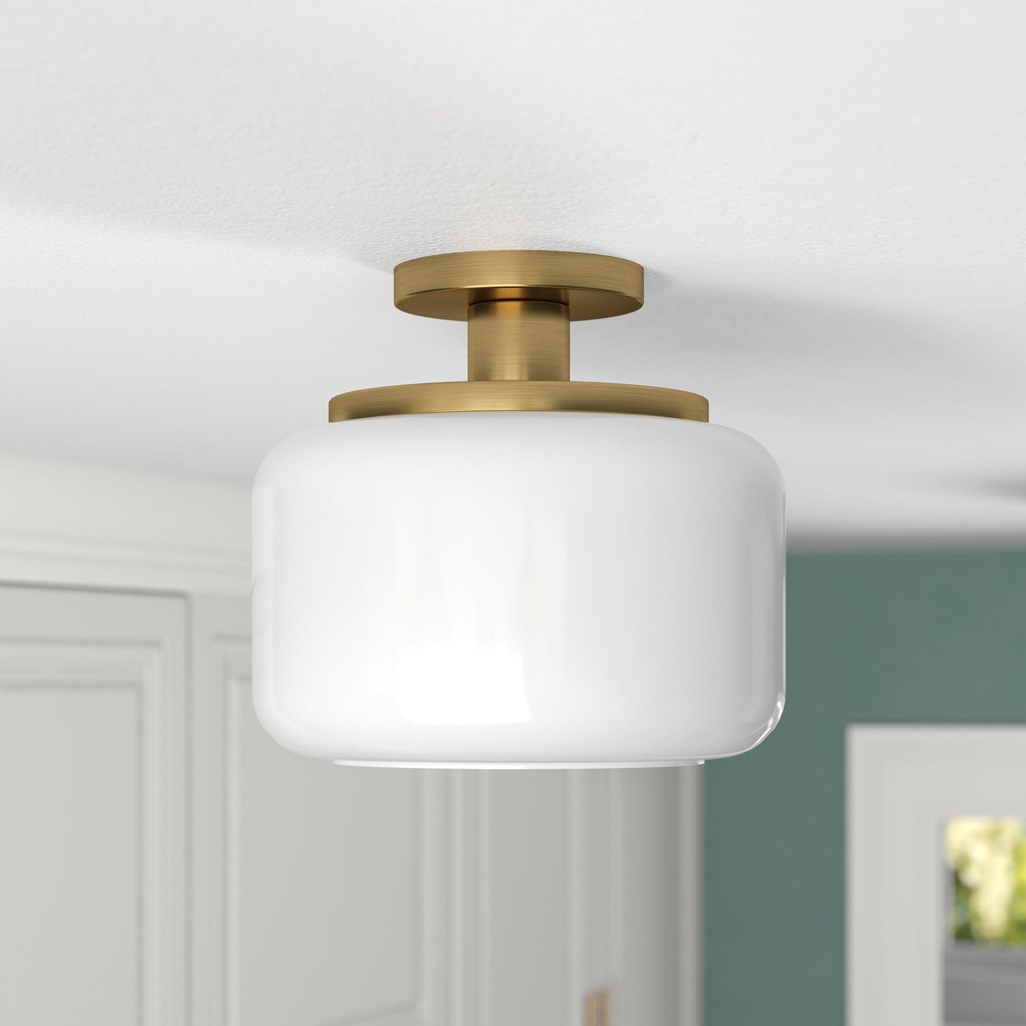 Brushed Brass and White Glass Drum Semi Flush Mount