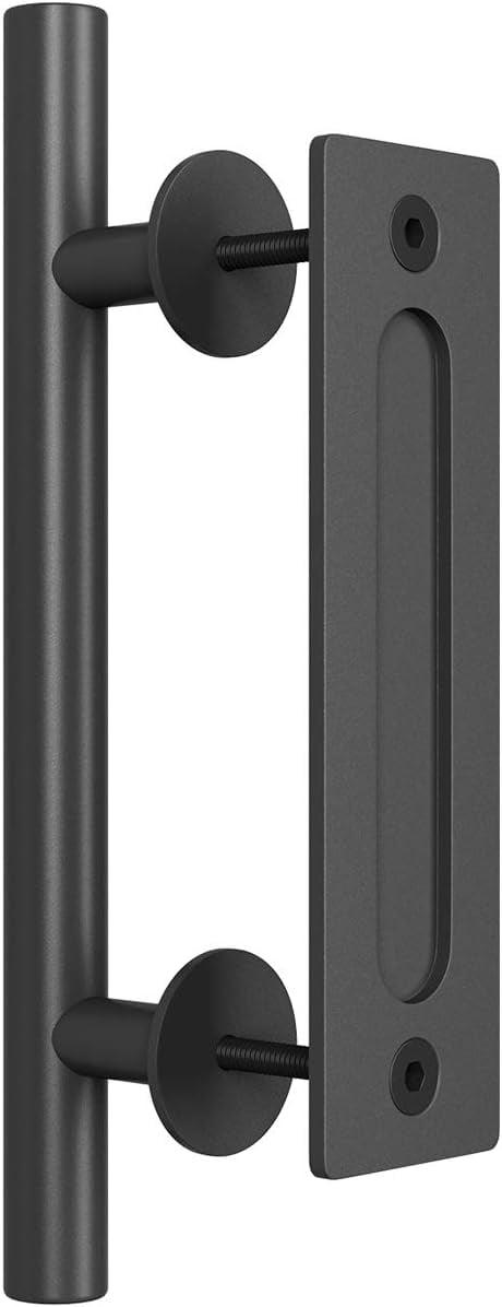 Heavy Duty 12" Pull and Flush Barn Door Handle Set, Large Rustic Two-Side Design, for Gates Garages Sheds Furniture, Solid Steel Material, Round, Black