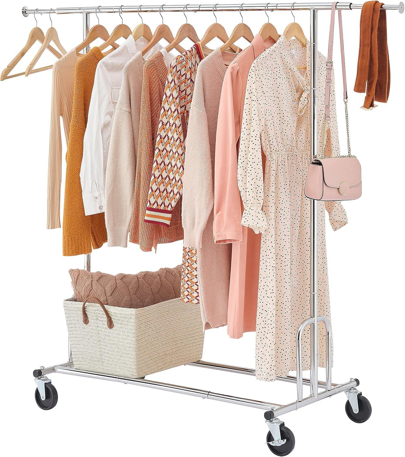 Heavy Duty Clothes Rack Foldable Garment Rack with Wheels and Extendable Rod, Freestanding Clothing Rack for Hanging Clothes, Adjustable ＆ Collapsible Rolling Racks with Bottom Shelf, Chrome