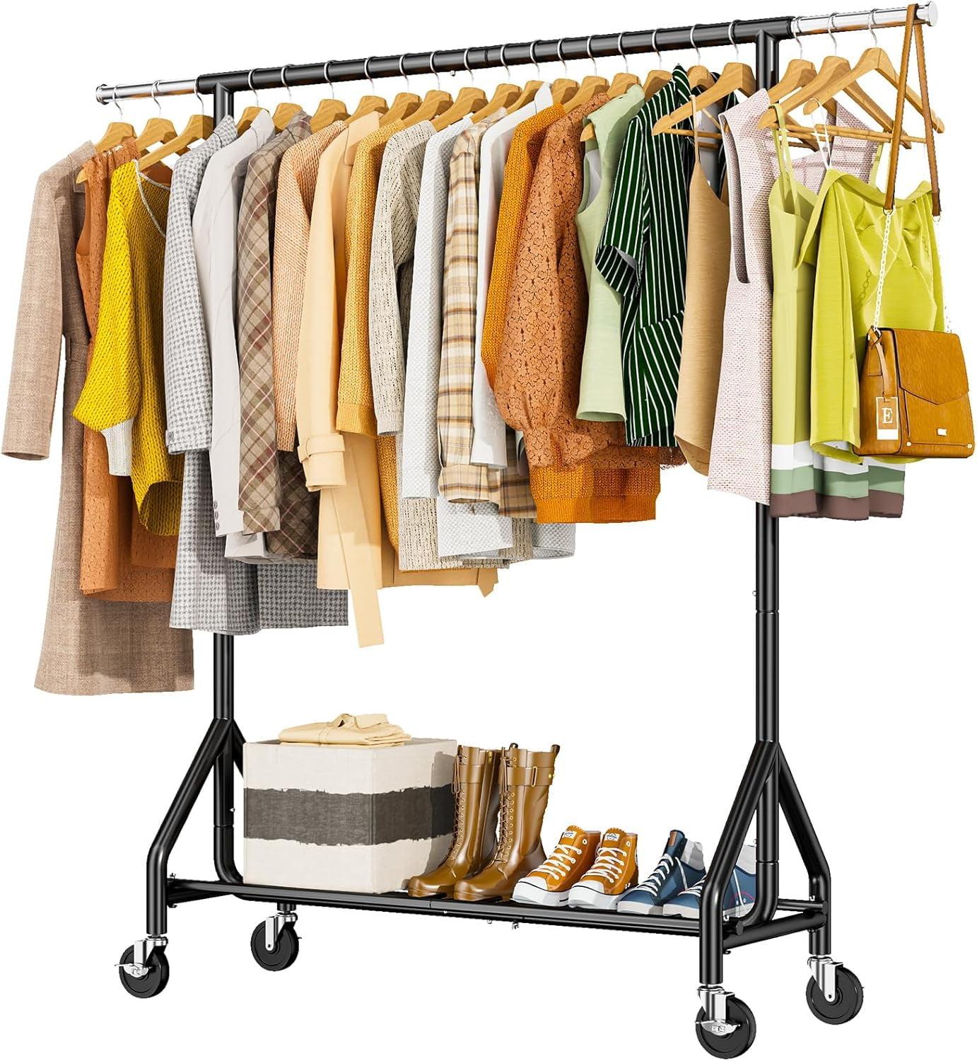 Heavy Duty Clothes Rack Load 450 LBS, Metal Garment Rack, Standing Rolling Clothing Rack for Hanging Clothes with Sturdy Wheels & Shelves, Portable Closet Wardrobe Rack,Sliver