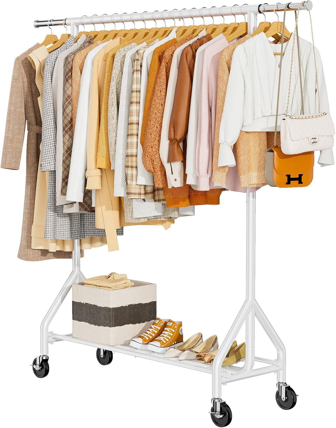 Heavy Duty White Metal Rolling Garment Rack with Shelves