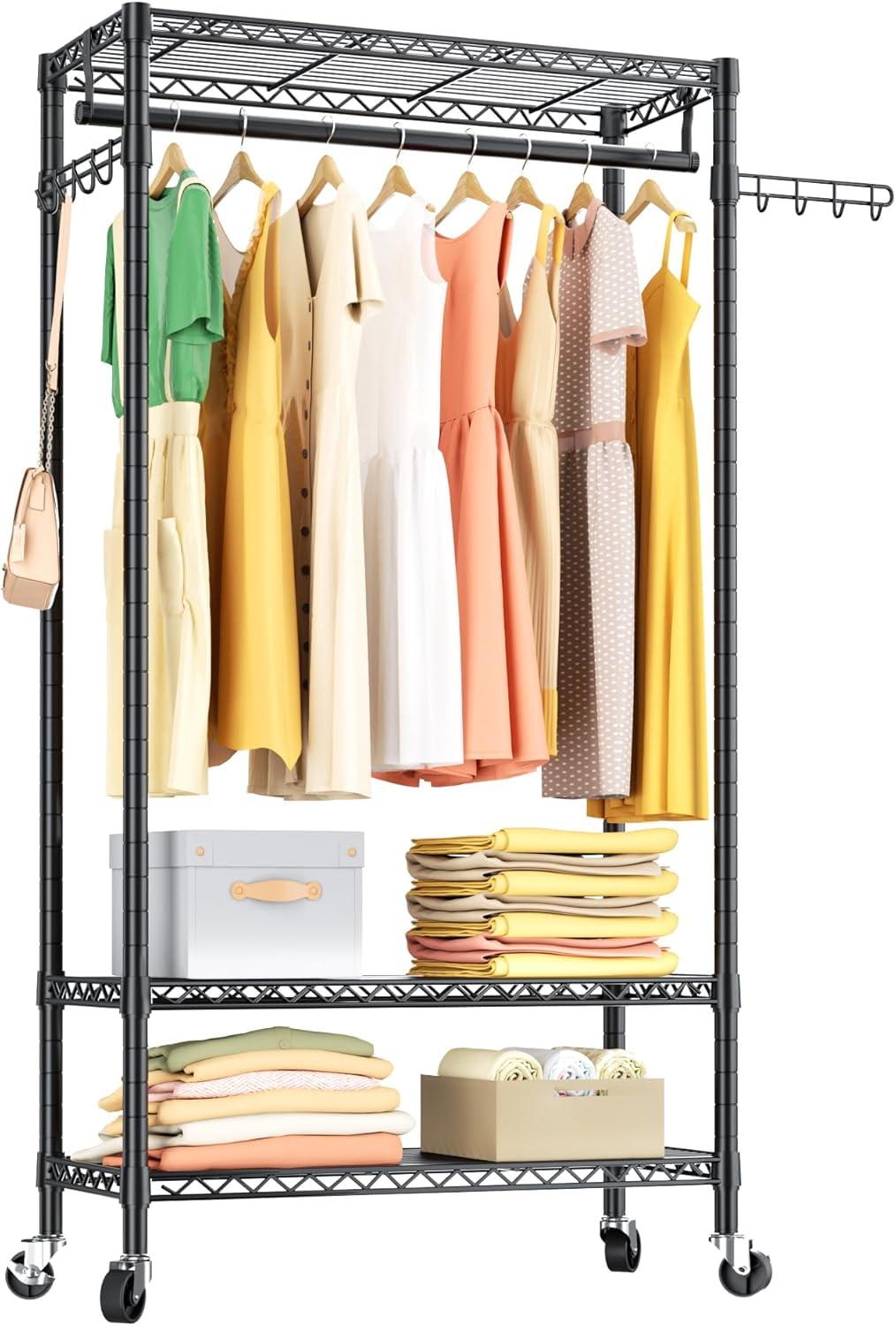 Heavy Duty Clothes Rack Rolling Garment Rack,3 Tier Adjustable Wire Shelving Clothing Racks for Hanging Clothes with Hanger Rod&Side Hooks,Freestanding Wardrobe Storage Rack Metal Portable Closet