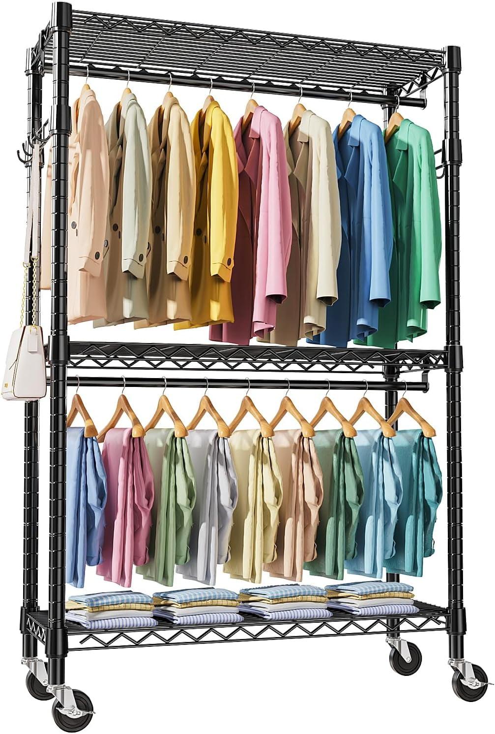 Heavy Duty Clothes Rack Rolling Garment Rack,3 Tier Adjustable Wire Shelving Clothing Racks for Hanging Clothes with Double Rods&Side Hooks,Freestanding Wardrobe Storage Rack Metal Portable Closet