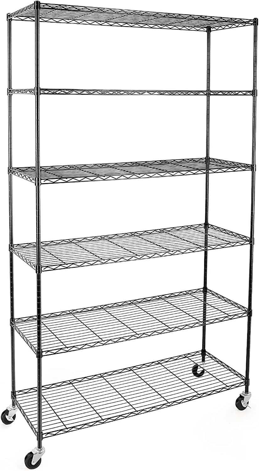 Heavy Duty Black Metal 6-Tier Storage Shelving Unit with Wheels