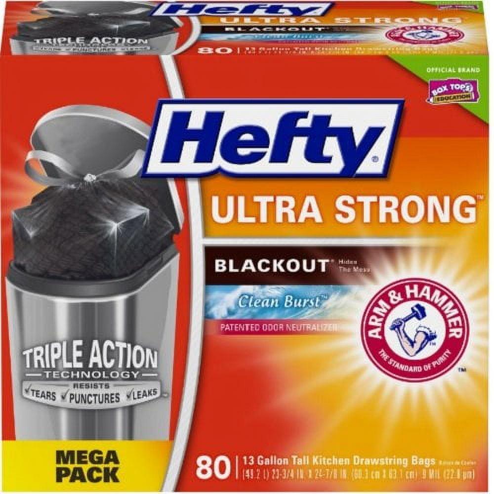 Hefty Ultra Strong BlackOut Tall-Kitchen Drawstring Bags, 13 gal, 0.9 mil, 23.75" x 24.88", Black, 80/Box