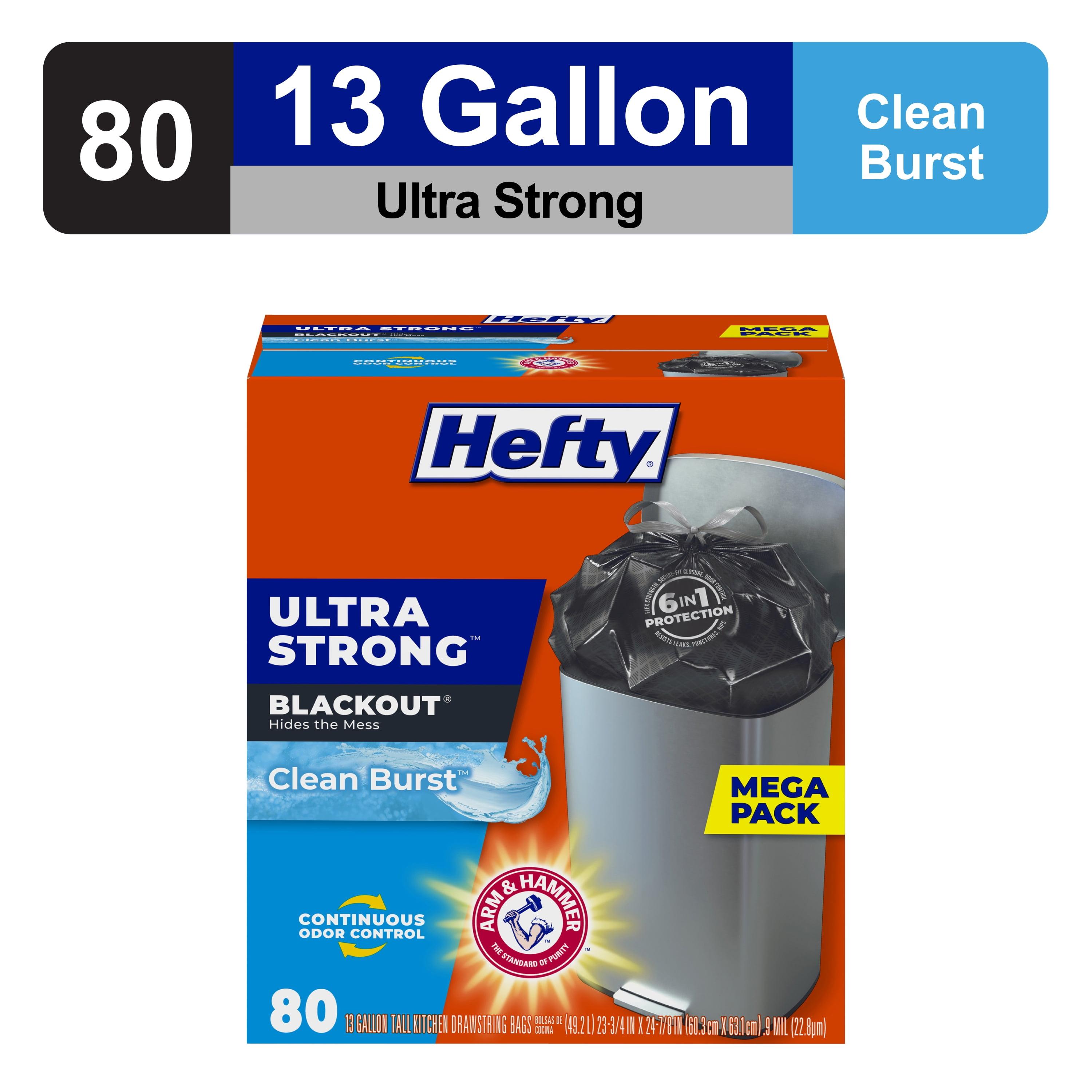 Hefty Ultra Strong BlackOut Tall-Kitchen Drawstring Bags, 13 gal, 0.9 mil, 23.75" x 24.88", Black, 80/Box