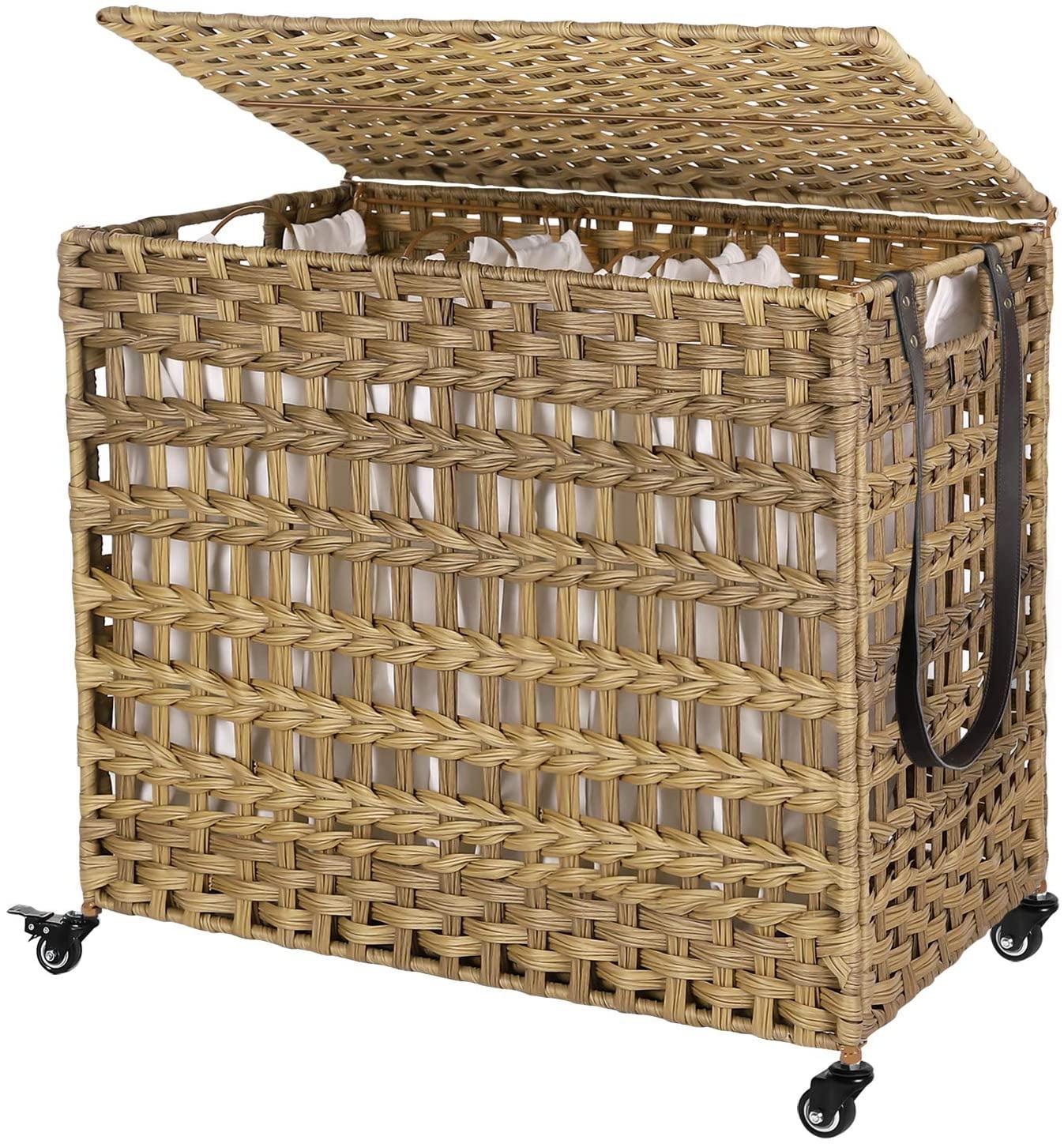 HeiStang Laundry Hamper with Lid, 140L Synthetic Rattan Laundry Basket with Wheels, Clothes Hamper with 3 Removable Liner Bags, 3-Section Hampers with Handles, Laundry Room, Natural ULCB083N01