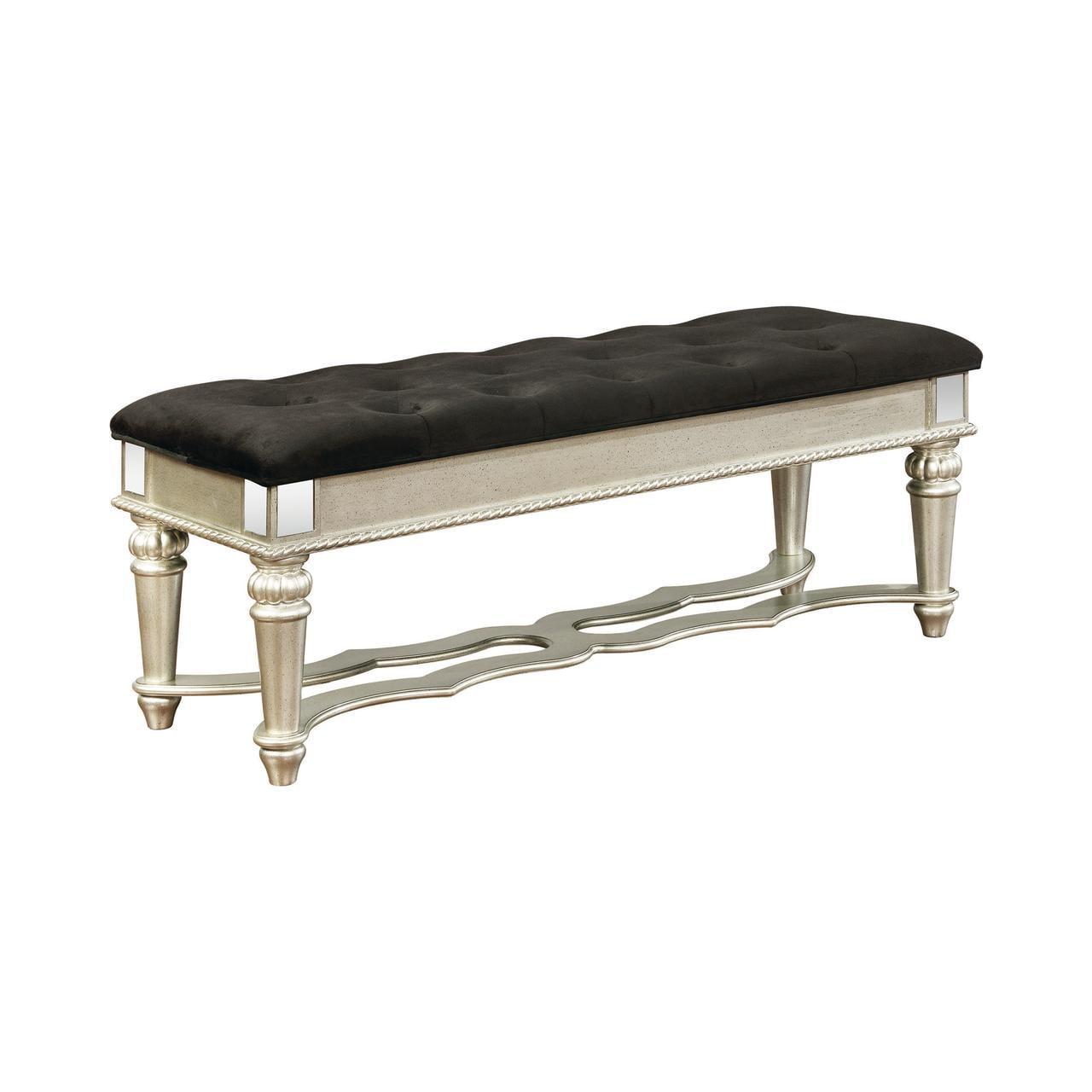 Luxurious Black Velvet and Metallic Platinum Upholstered Bench