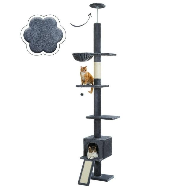 Adjustable Height Floor To Ceiling 5-Tier Tall Cat Tree Tower For Indoor Cats With Cat Condo, Cat Scratching Post And Cat Ladder