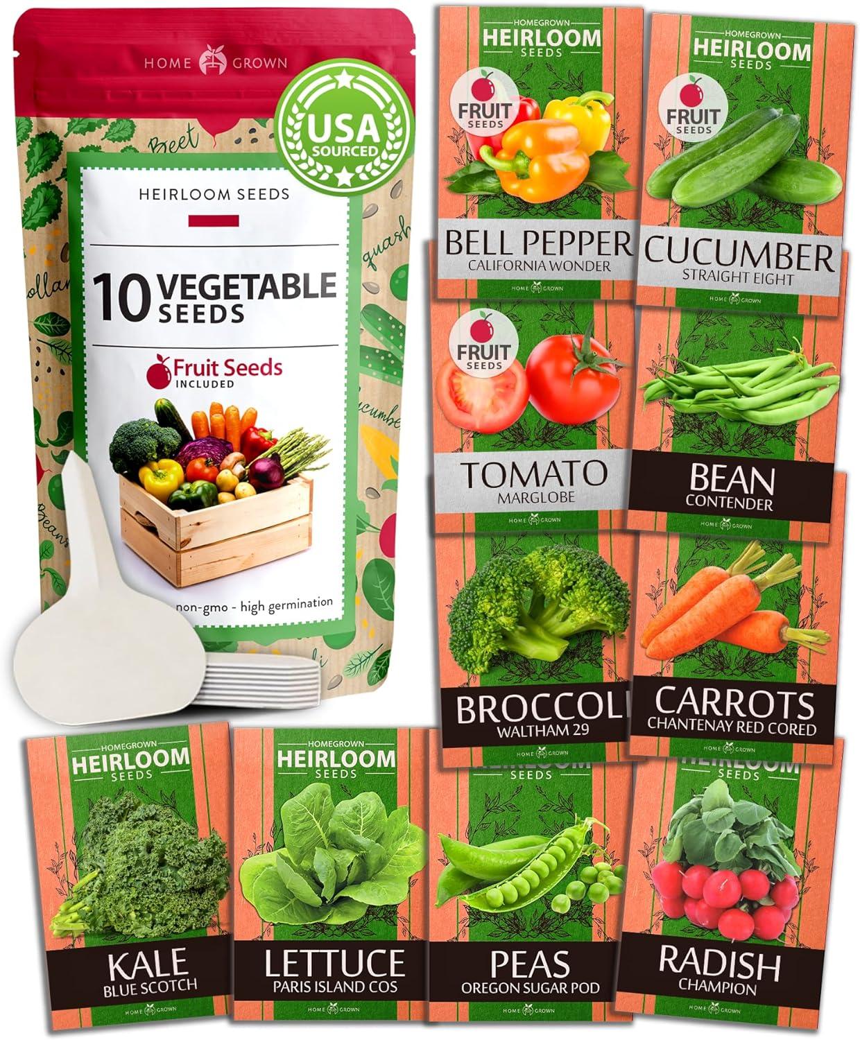 Heirloom Vegetable Seeds -10 Variety - Non GMO Vegetable Seeds For Planting Indoor or Outdoors, Brussel Sprouts, Carrots, Peppers, Cucumber, Kale, Romain, Peas, Radish, Tomato Seed - Home Garden Seeds