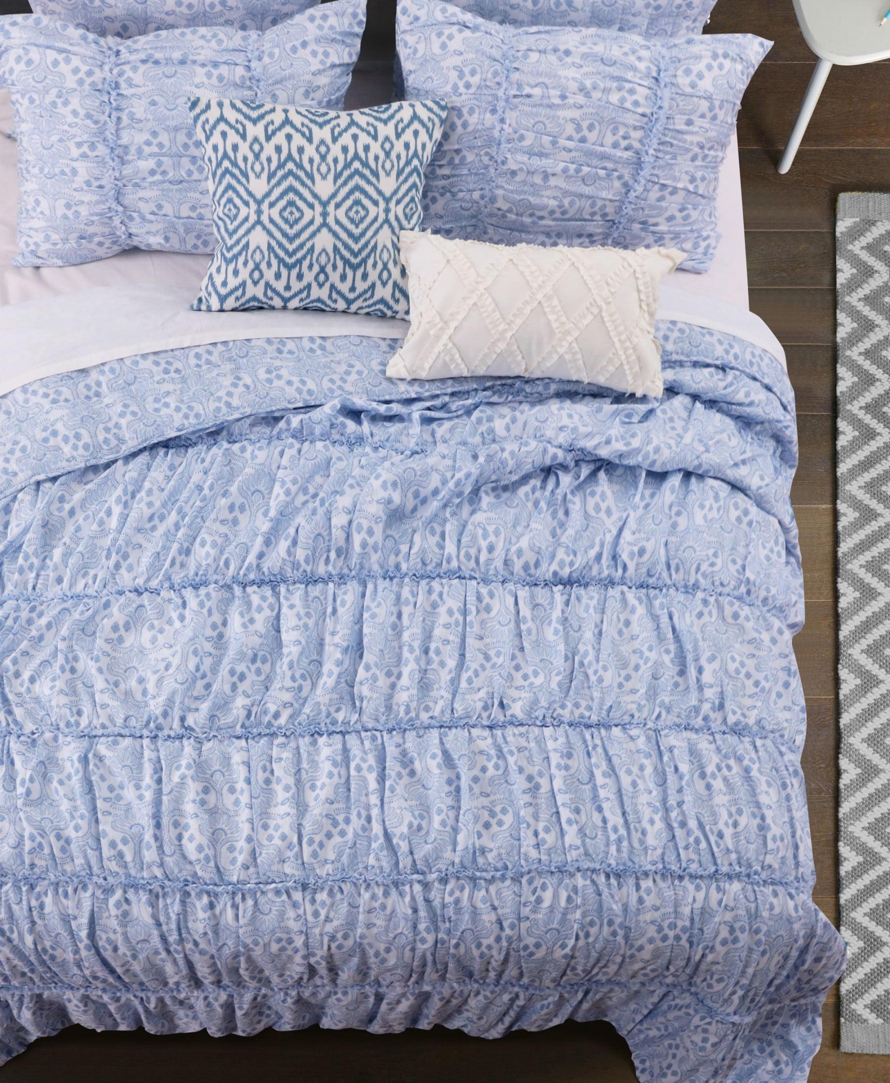 King Blue Microfiber Gathered Quilt Set