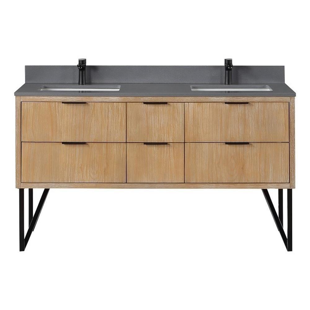 Helios 60" Double Weathered Pine Vanity with Concrete Gray Countertop