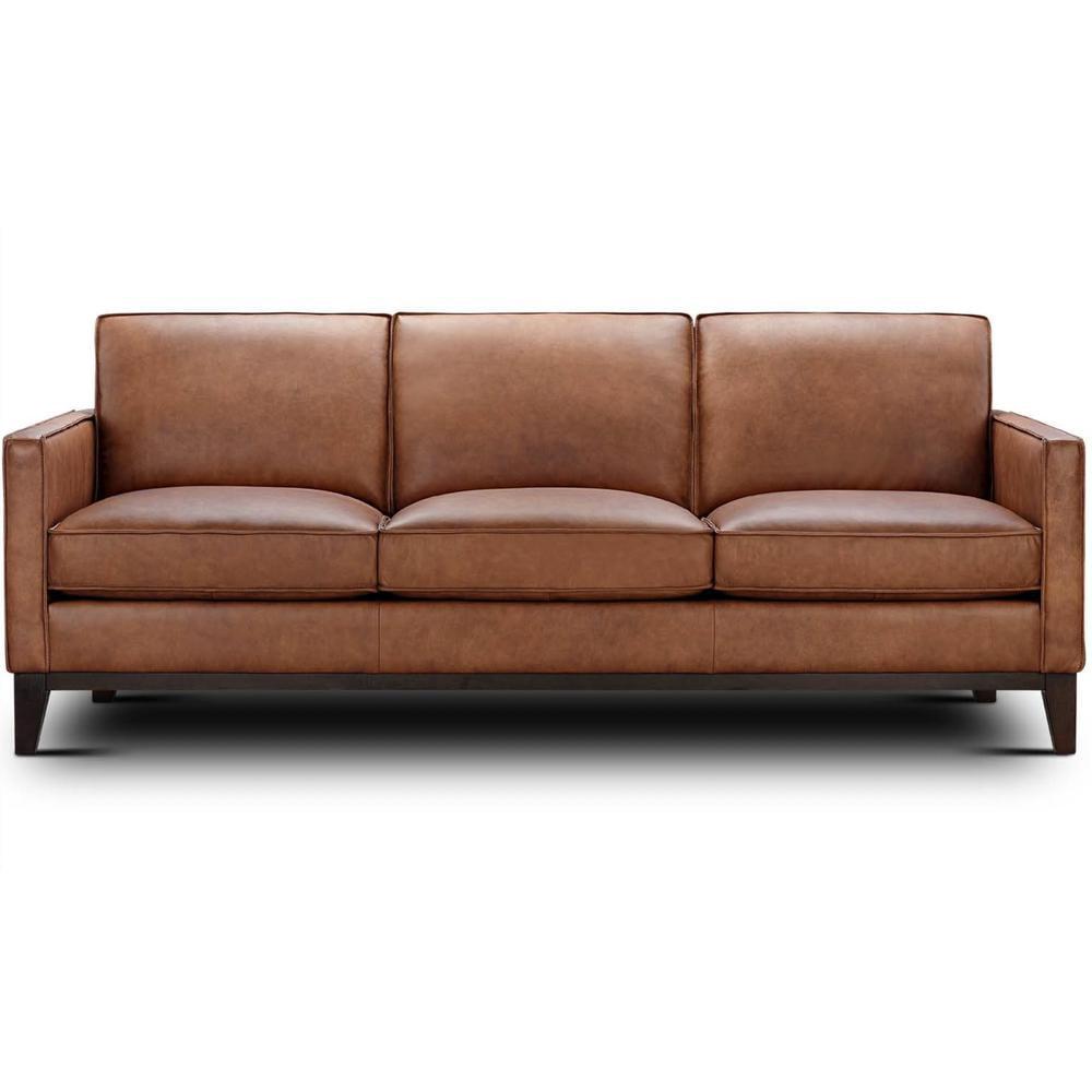 Pimlico 86" Brown Top Grain Leather Sofa with Wood Accents