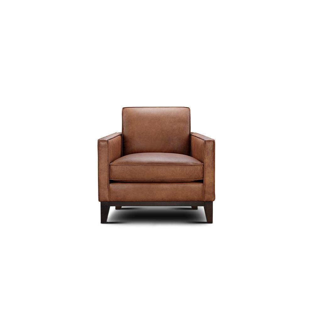 Brown Top Grain Leather Armchair with Wooden Base