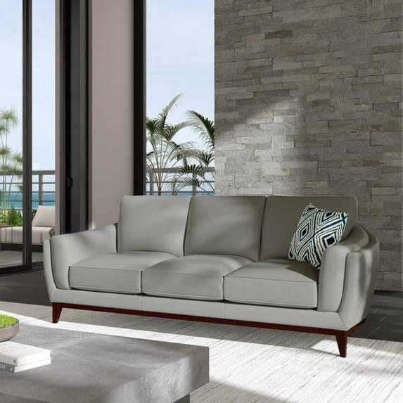 Hello Sofa Home Rio Modern Wood and Top Grain Leather Sofa in White