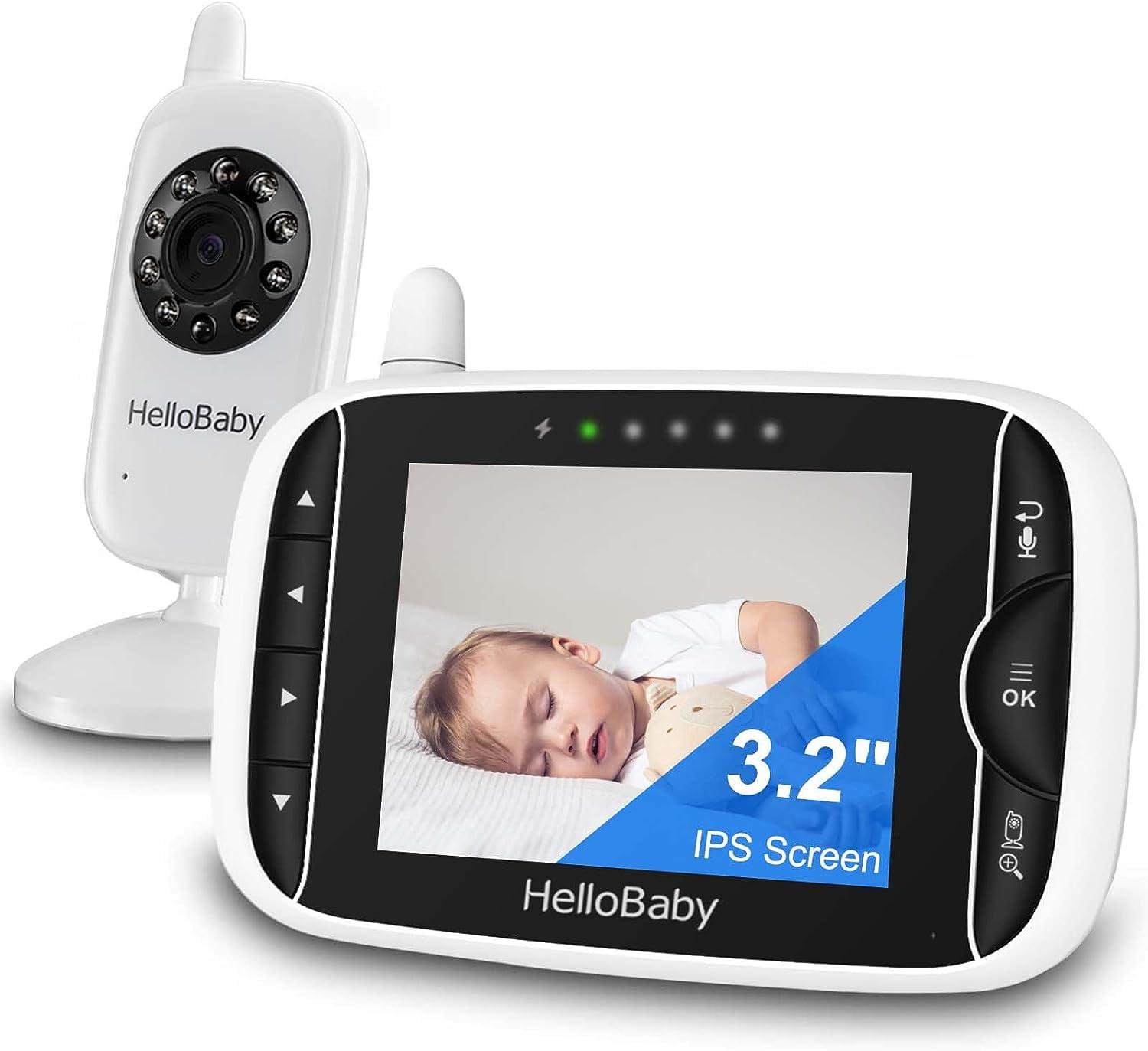 Video Baby Monitor with Camera and Audio, 3.2Inch LCD Display, Infrared Night Vision, Two-Way Audio and Room Temperature Monitoring,Lullaby,Sound Activated Screen HB